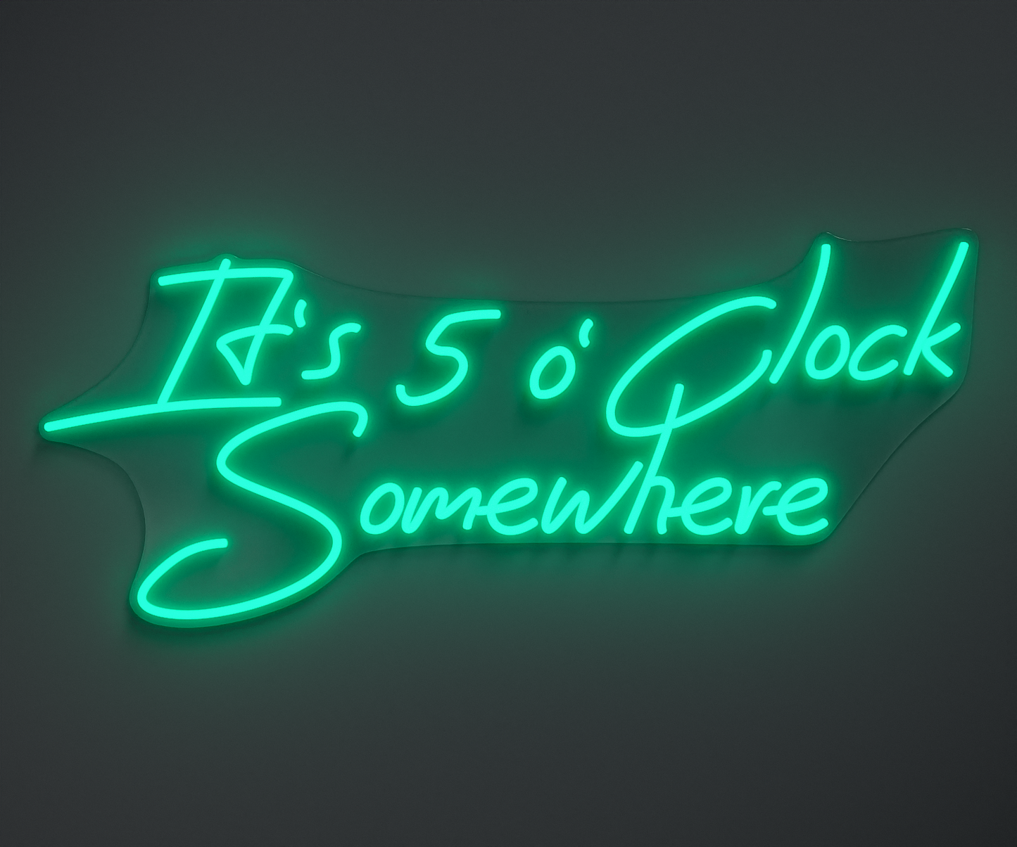 turquoise neon sign that says it's 5 o' clock somewhere