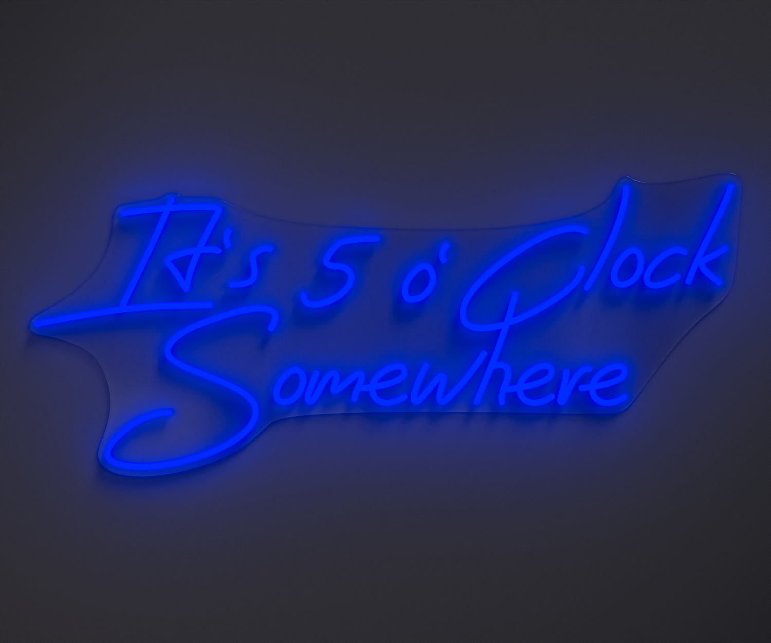 blue neon sign that says it's 5 o' clock somewhere