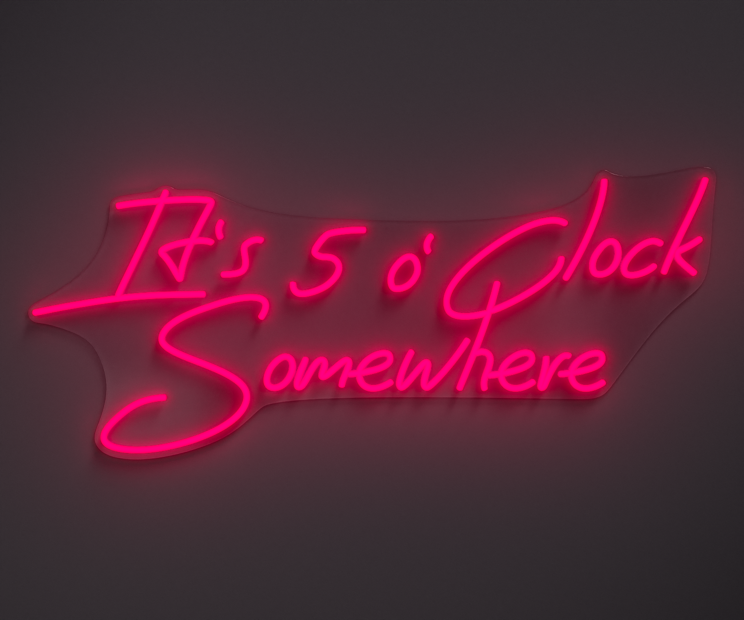 pink neon sign that says it's 5 o' clock somewhere