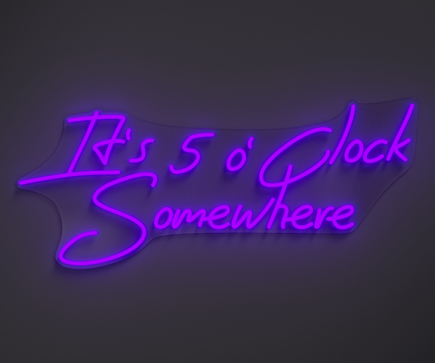 purple neon sign that says it's 5 o' clock somewhere