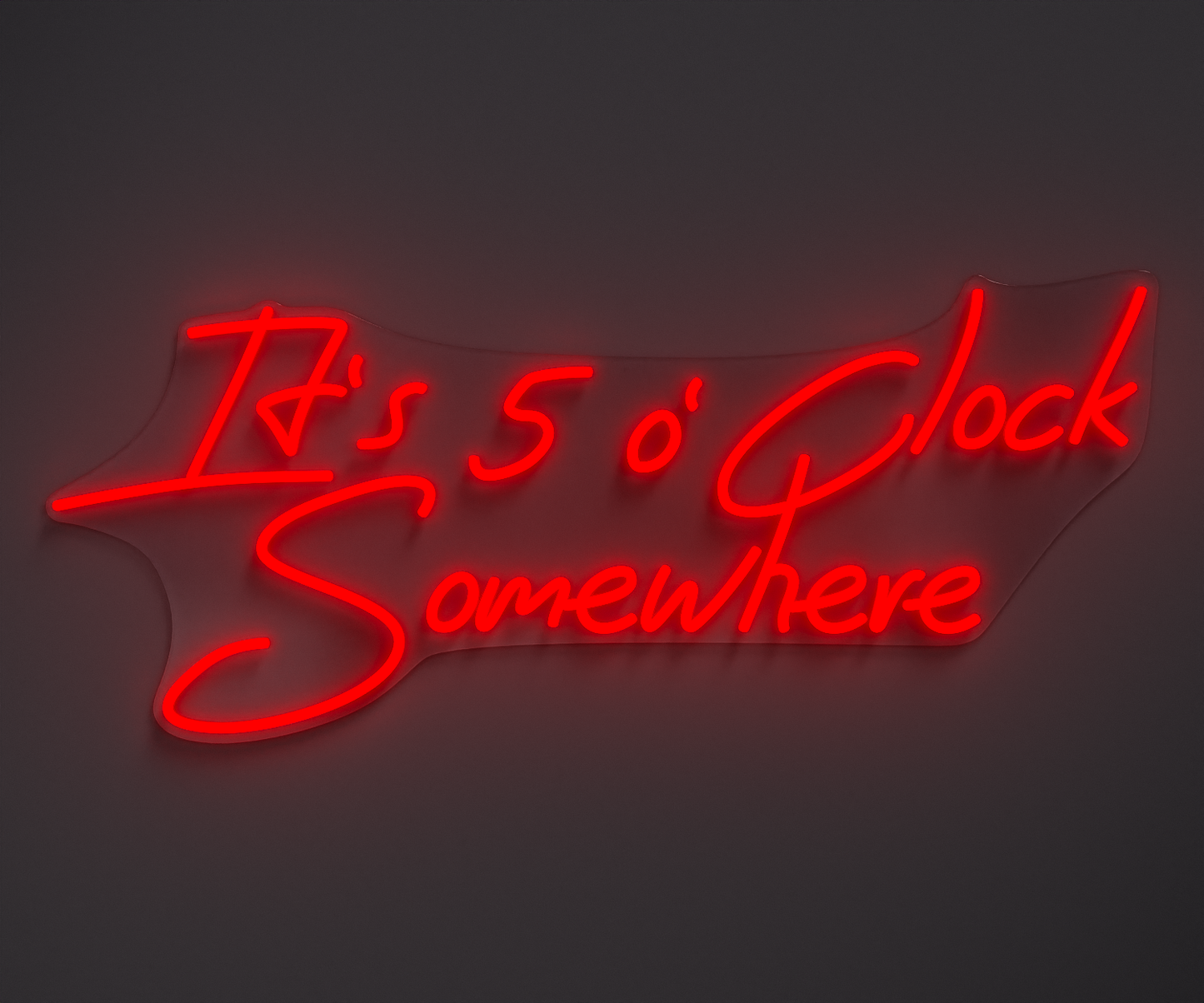 red neon sign that says it's 5 o' clock somewhere