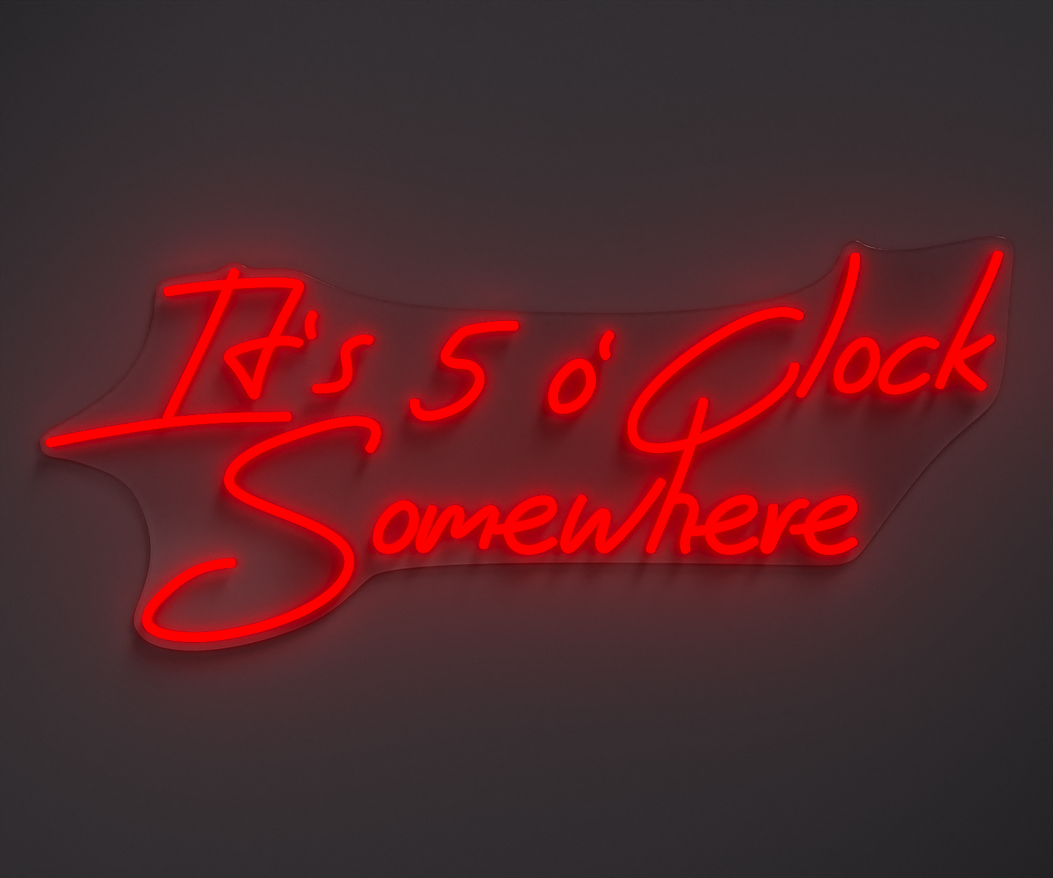 red neon sign that says it's 5 o' clock somewhere