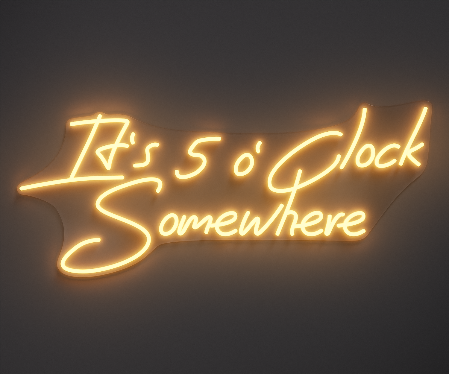 warm white neon sign that says it's 5 o' clock somewhere