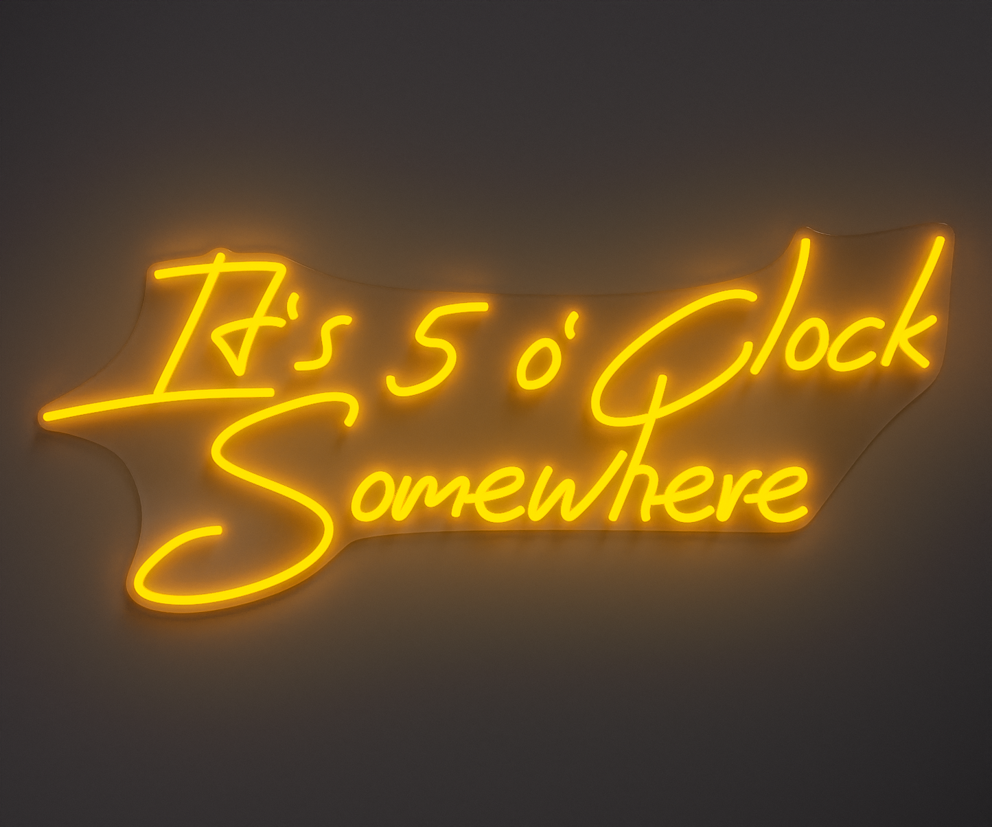 yellow neon sign that says it's 5 o' clock somewhere