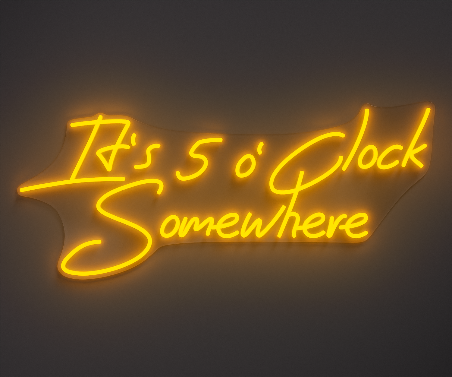 yellow neon sign that says it's 5 o' clock somewhere