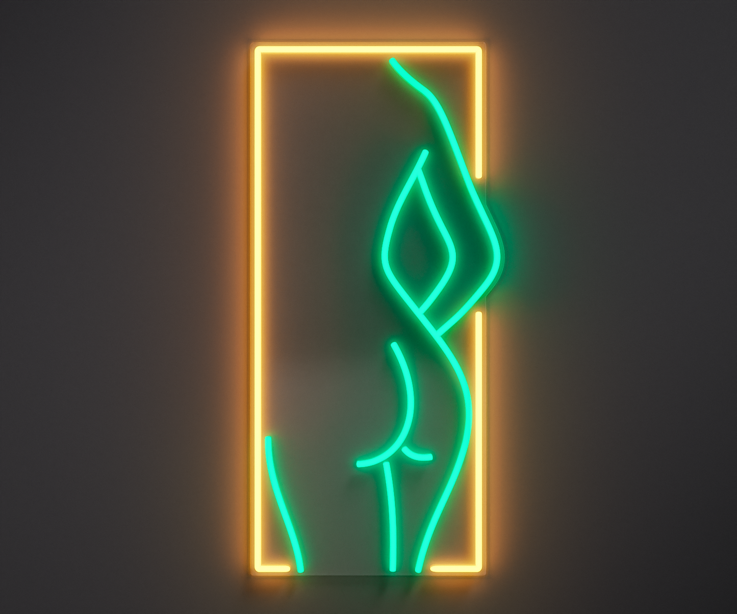warm white and turquoise neon sign of a woman's silhouette