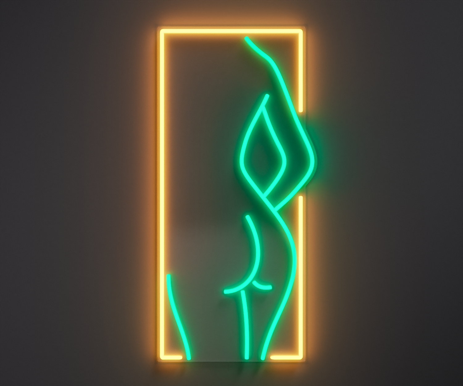 warm white and turquoise neon sign of a woman's silhouette