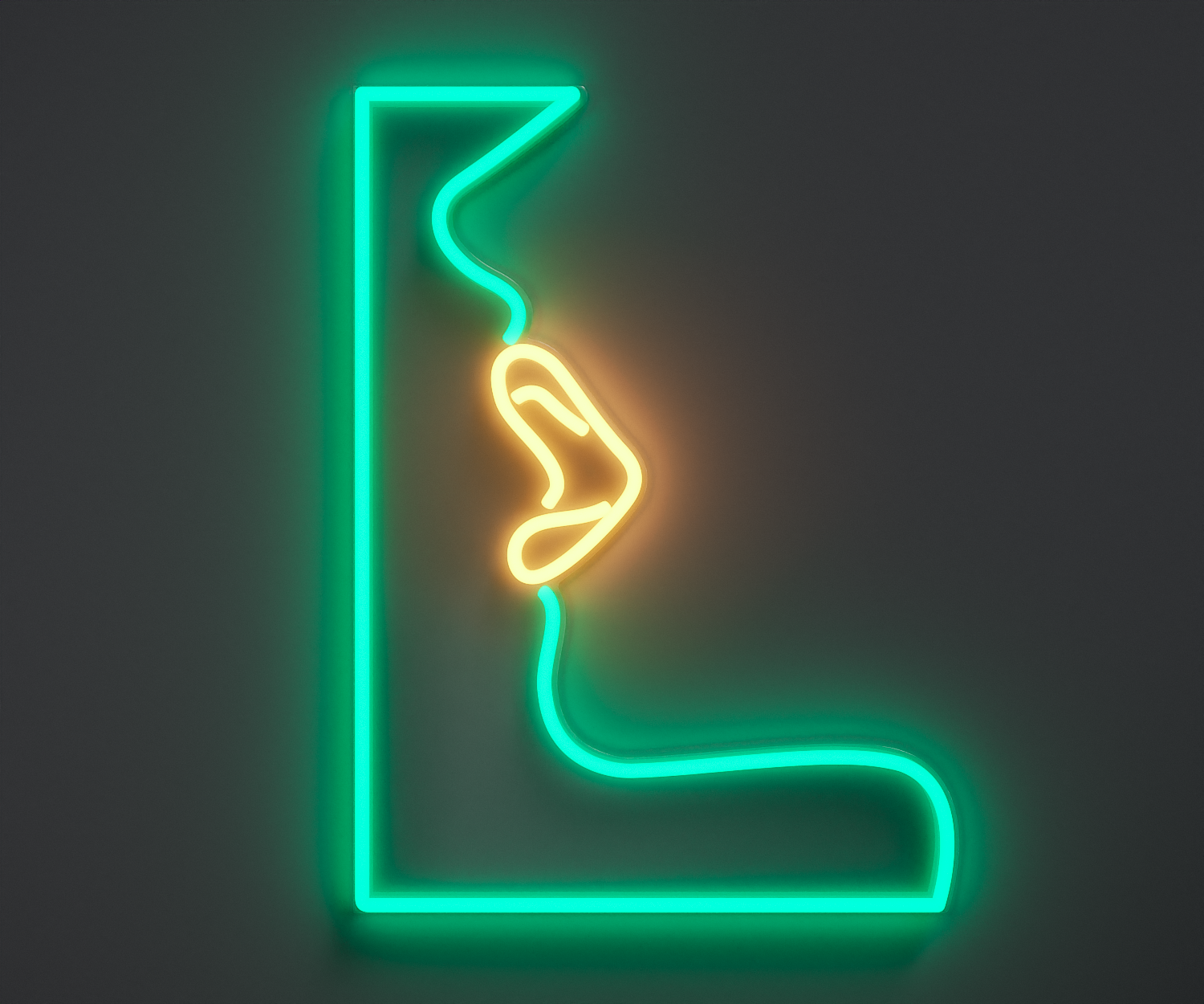 A neon sign of lips, turquoise and warm white
