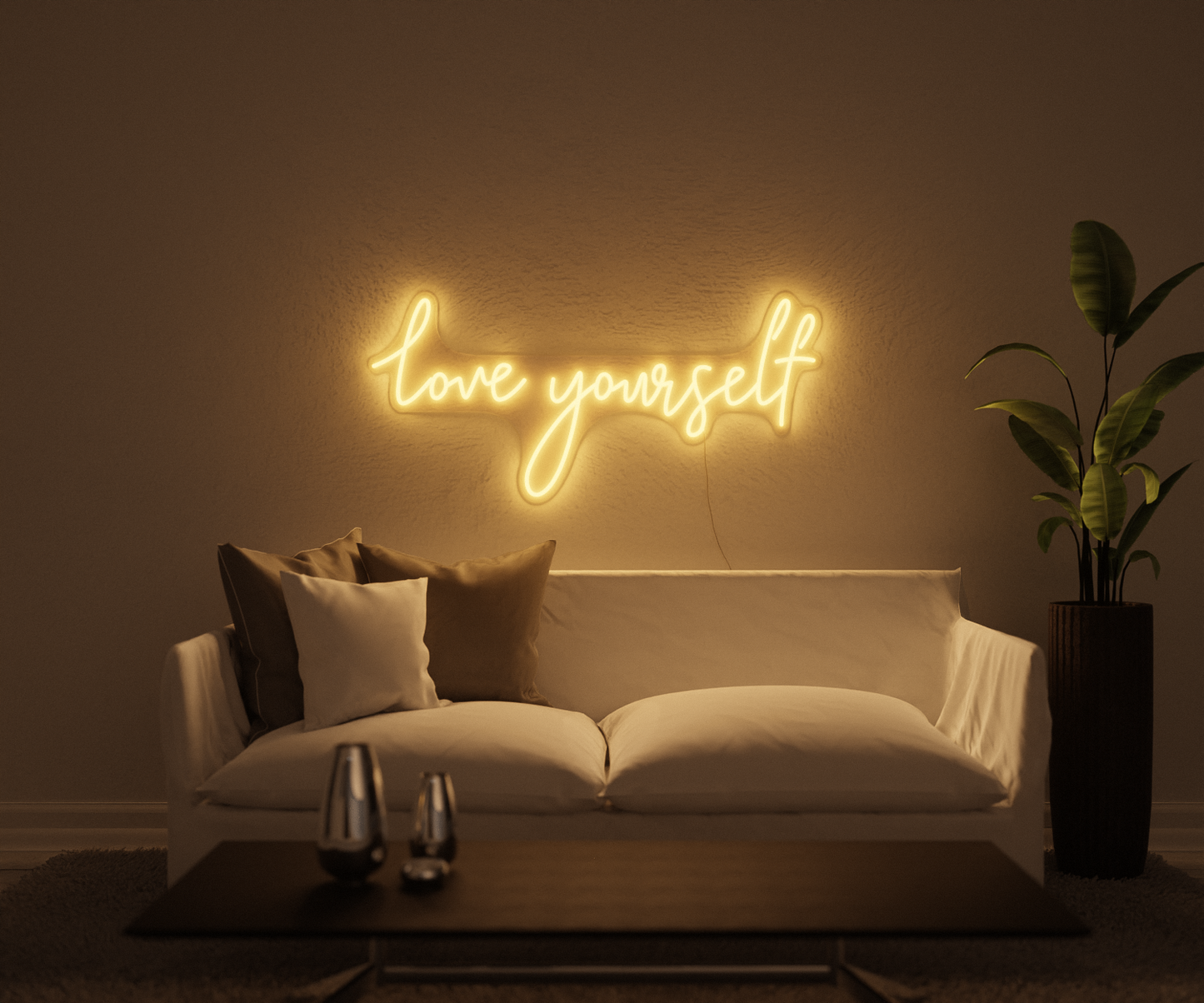 A modern interior with the lights off and a neon sign on the wall