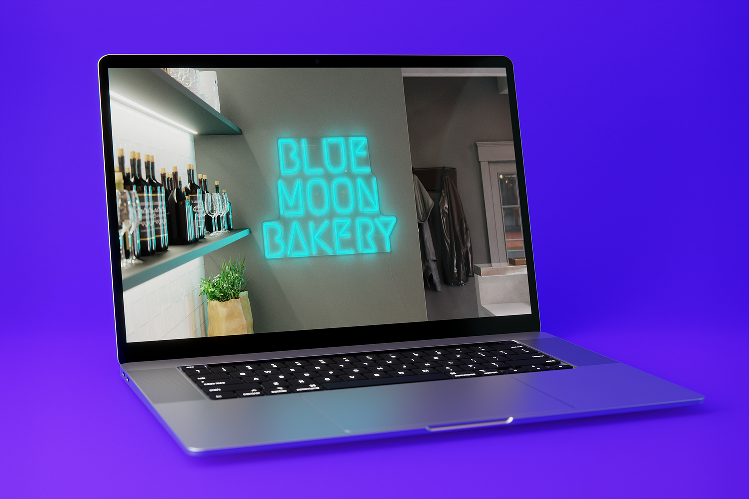 A laptop with an image of a computer rendered neon sign