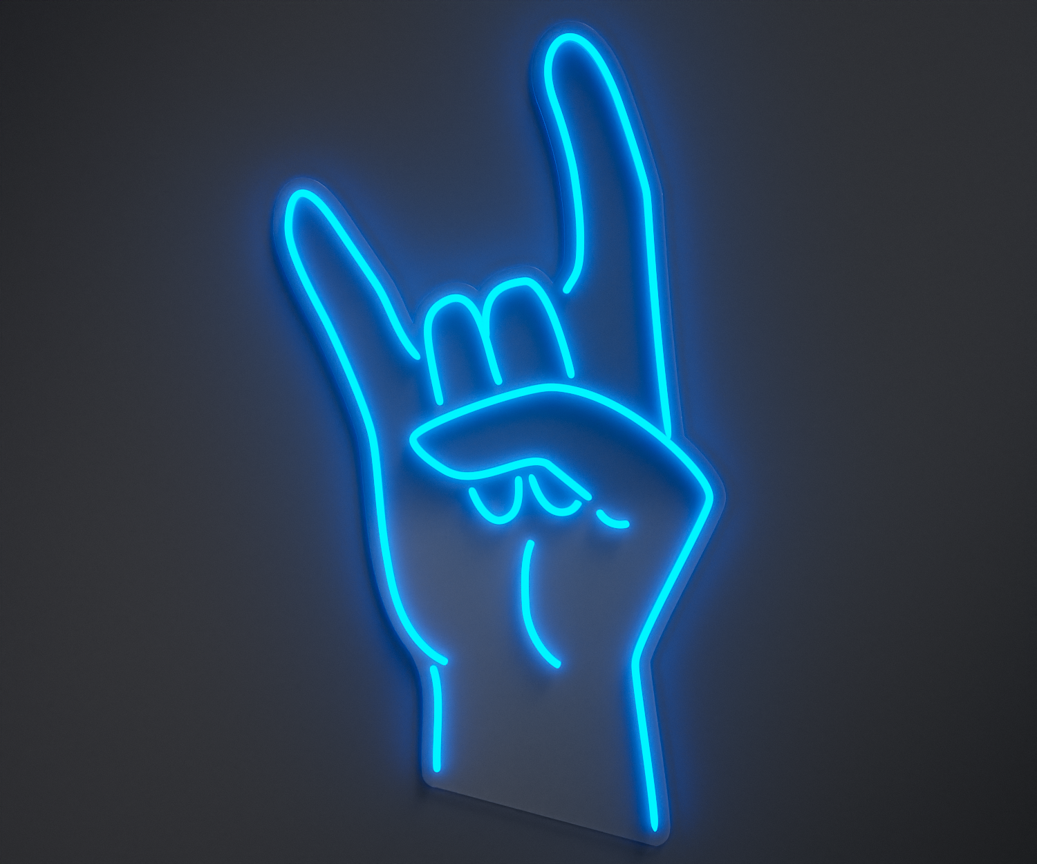 light blue neon sign of a rock hand