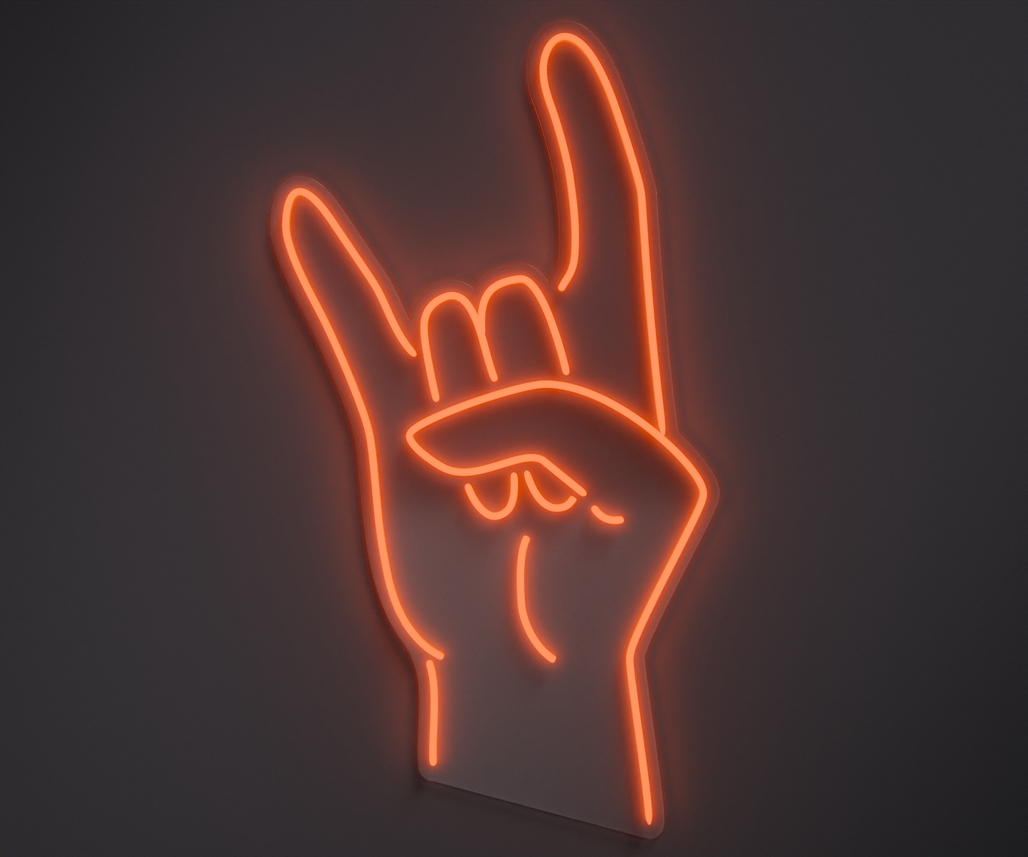 light orange neon sign of a rock hand
