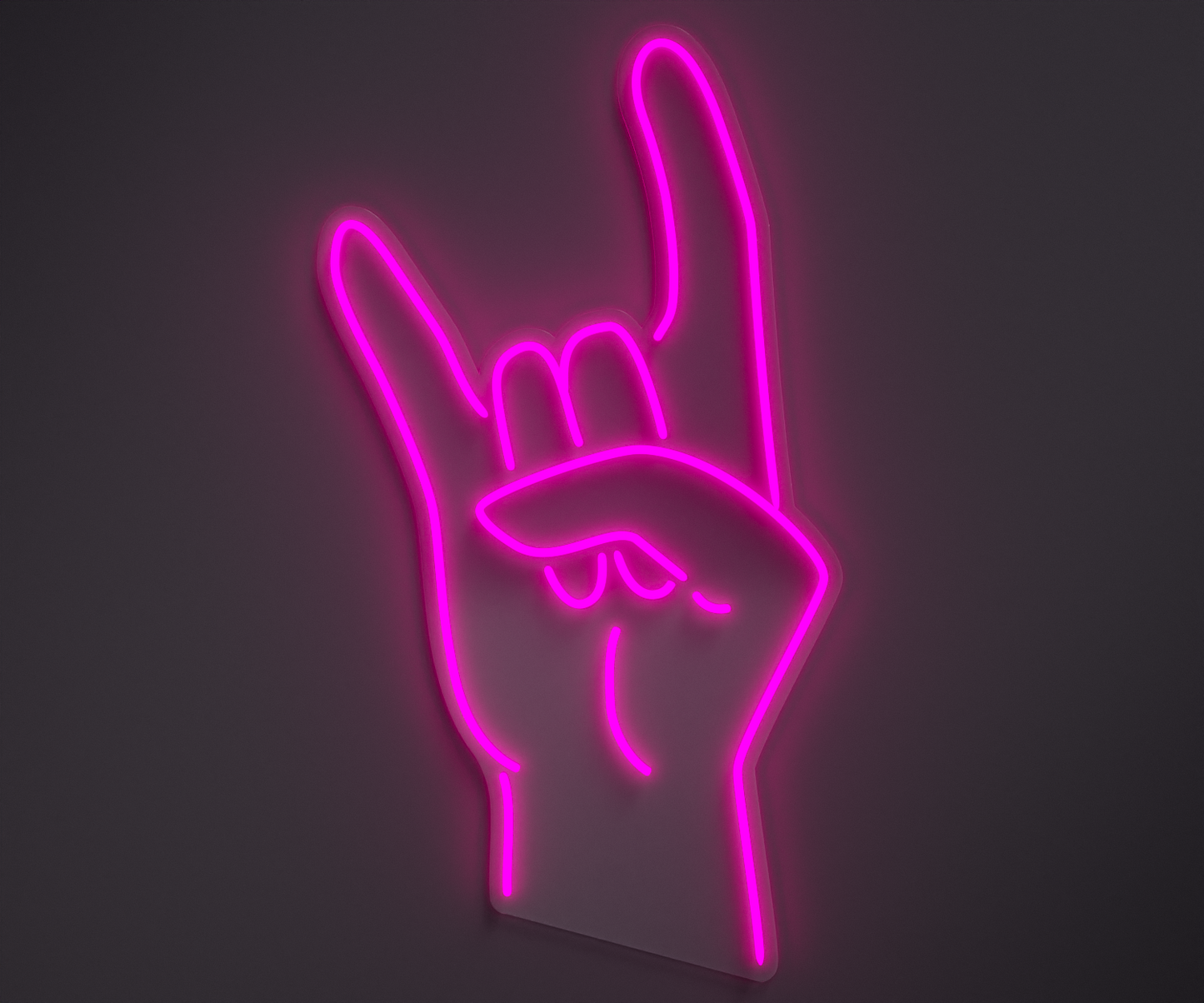 light pink neon sign of a rock hand
