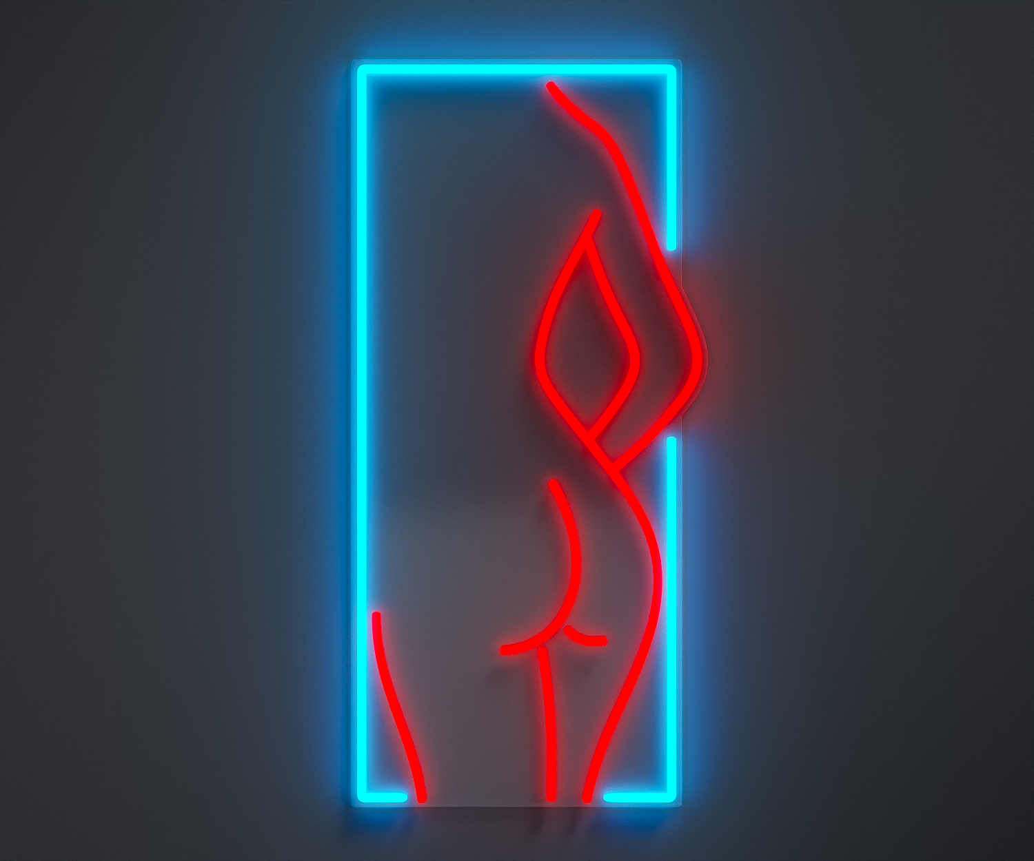 light blue and red neon sign of a woman's silhouette