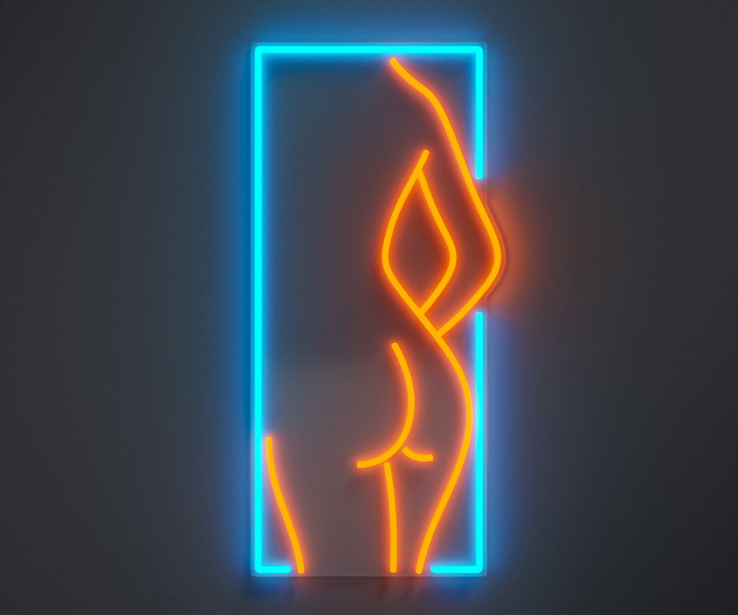 light blue and orange neon sign of a woman's silhouette