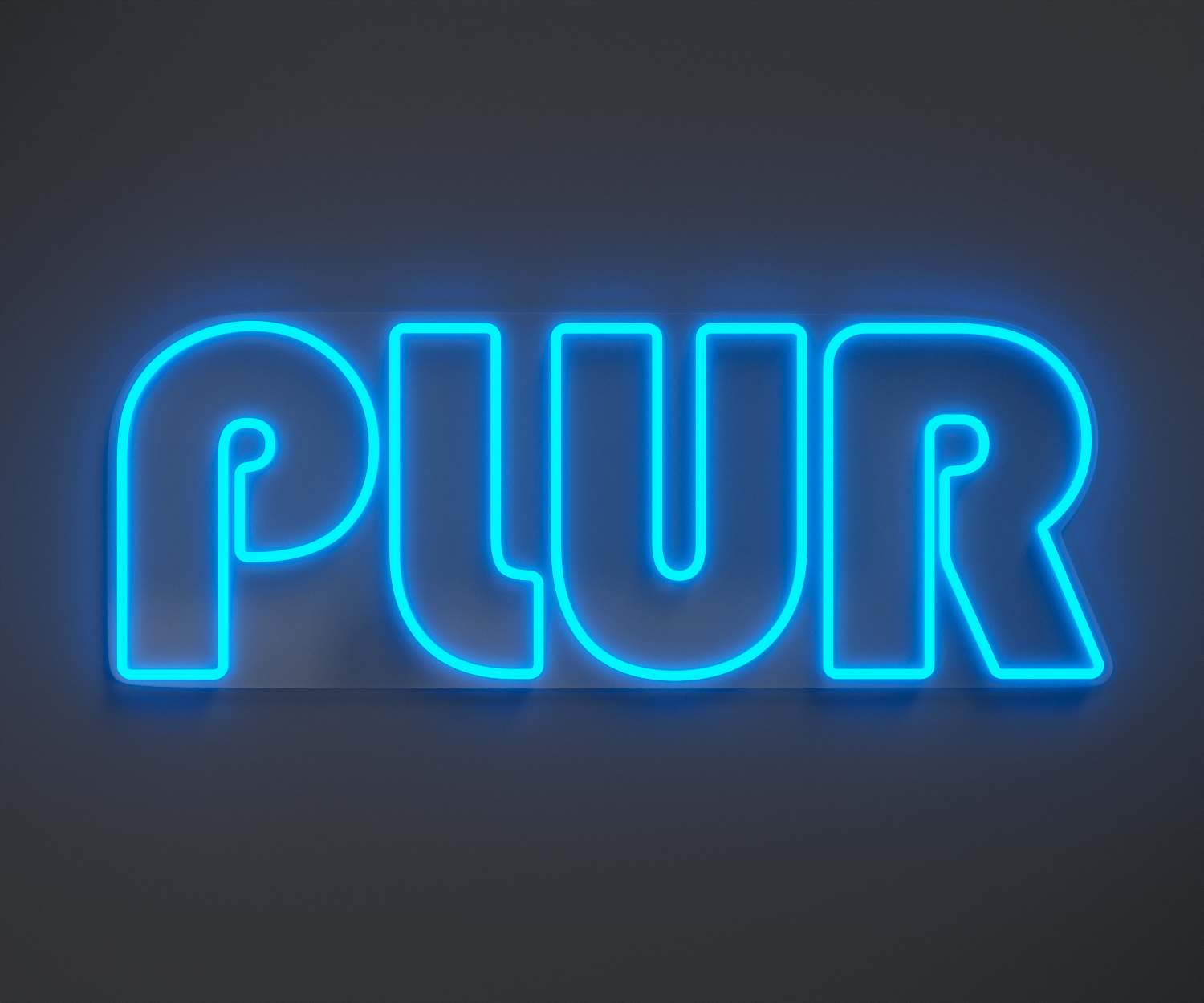 light blue PLUR neon sign
