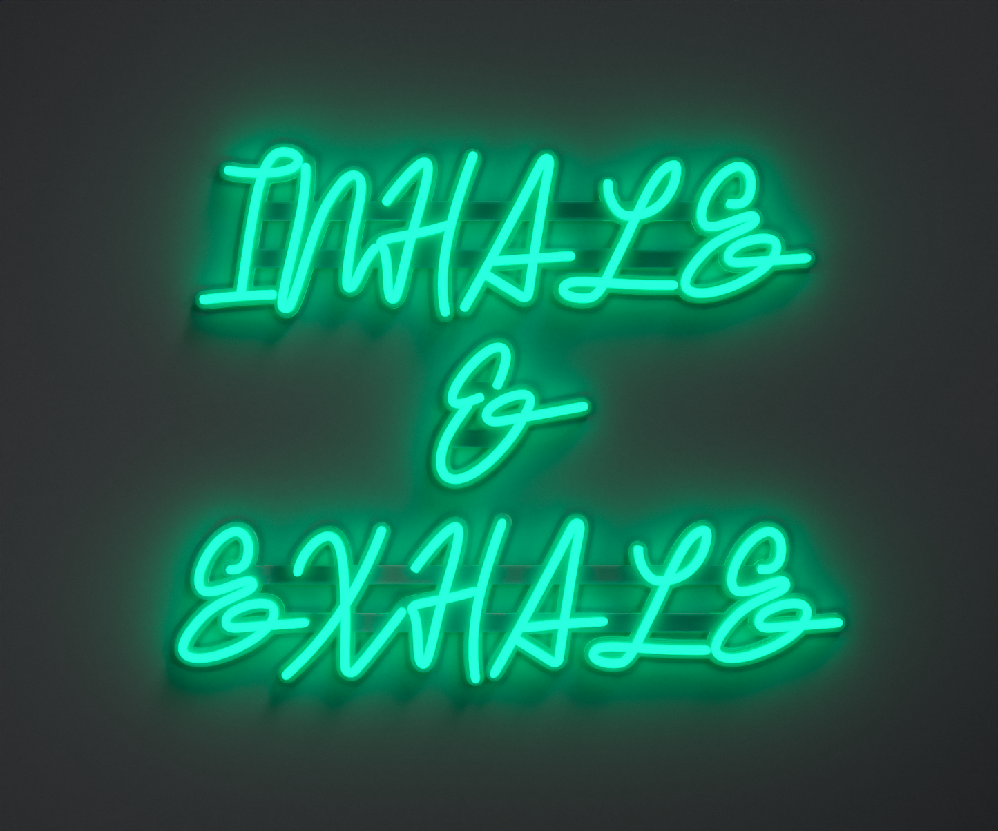 turquoise neon sign that says inhale and exhale