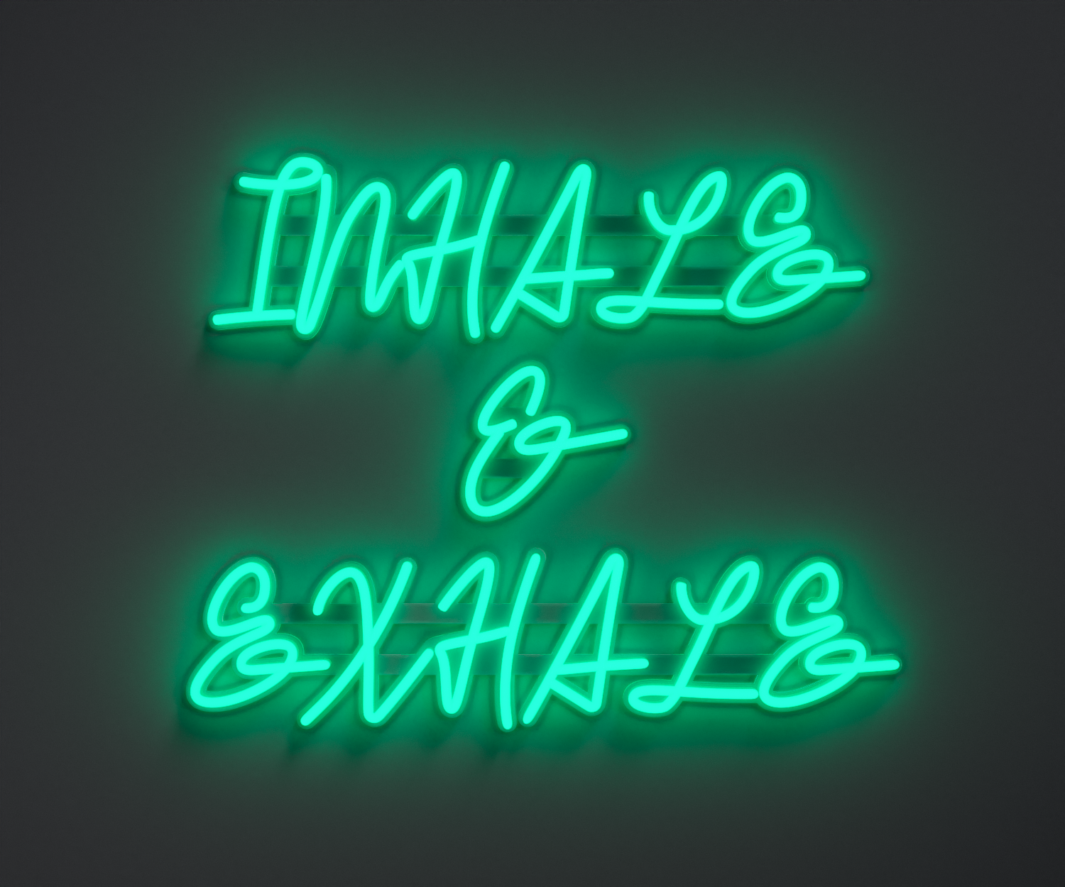 turquoise neon sign that says inhale and exhale