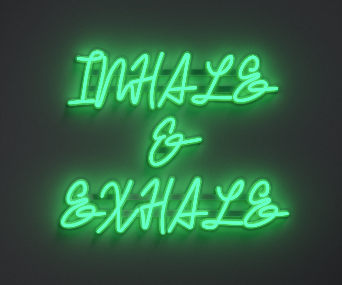 aquamarine neon sign that says inhale and exhale