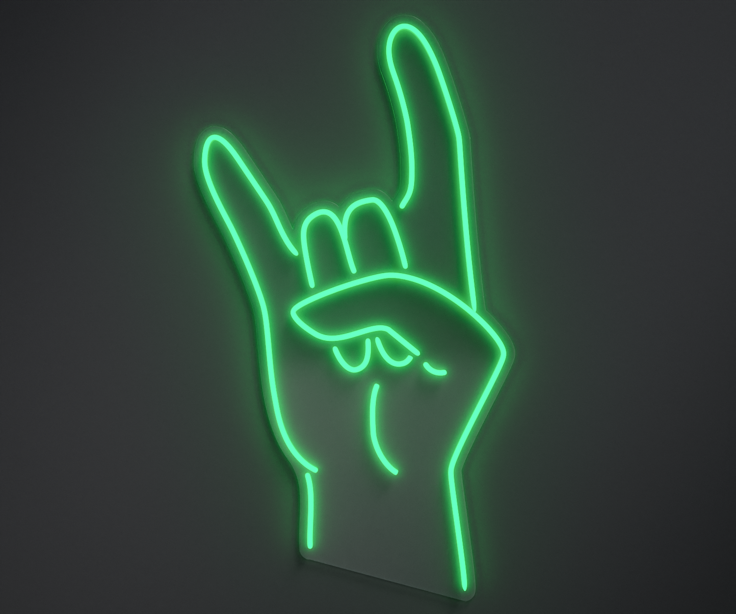 aquamarine neon sign of a rock hand