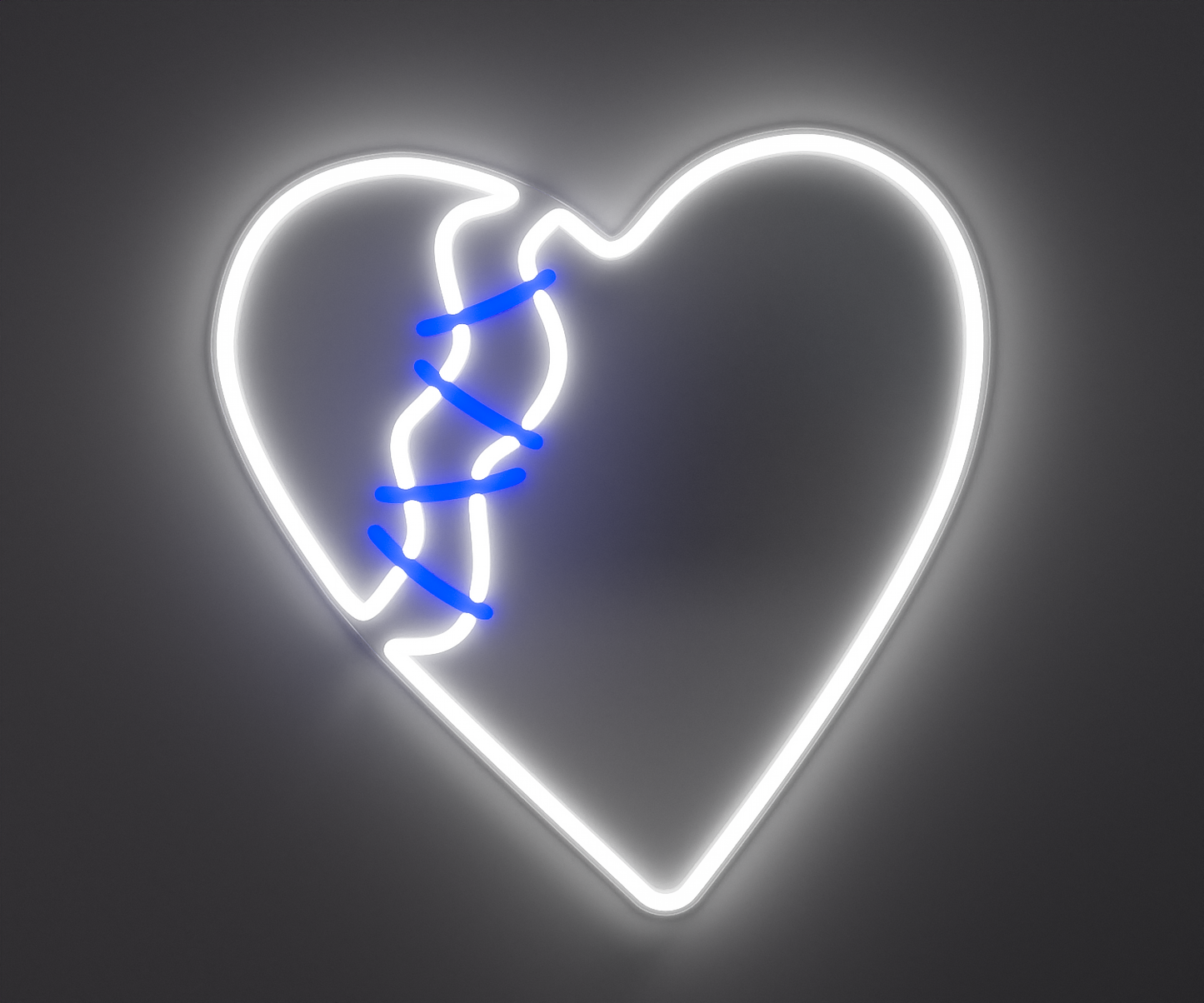 white and blue broken heart neon sign