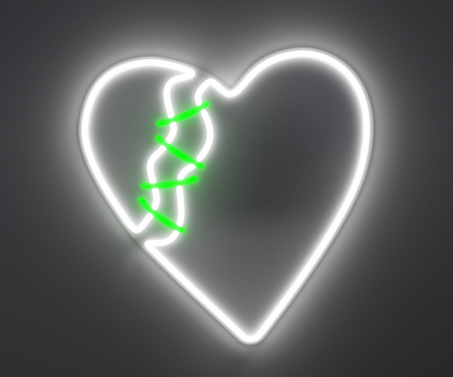white and green broken heart neon sign