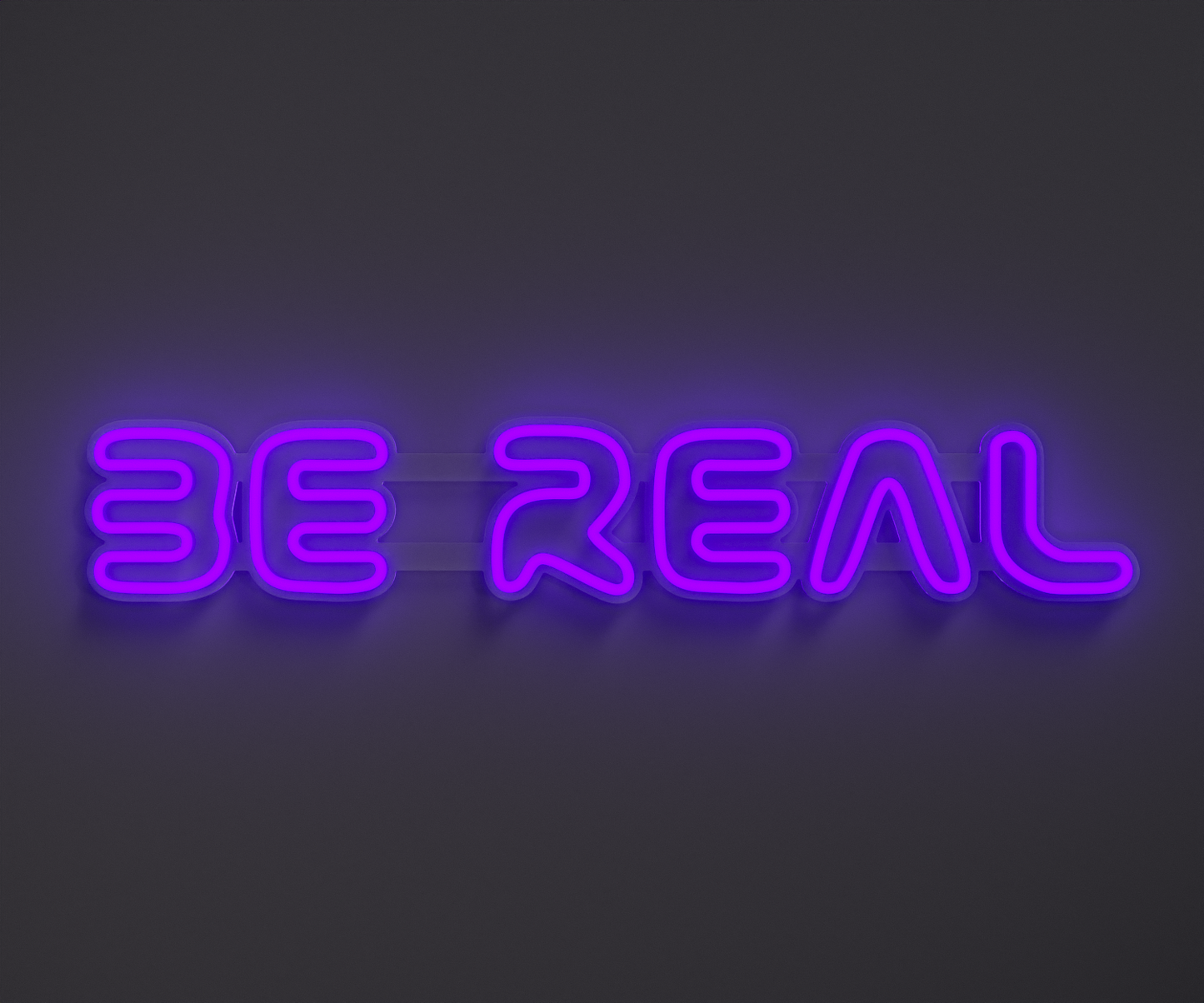 purple neon sign that says be real