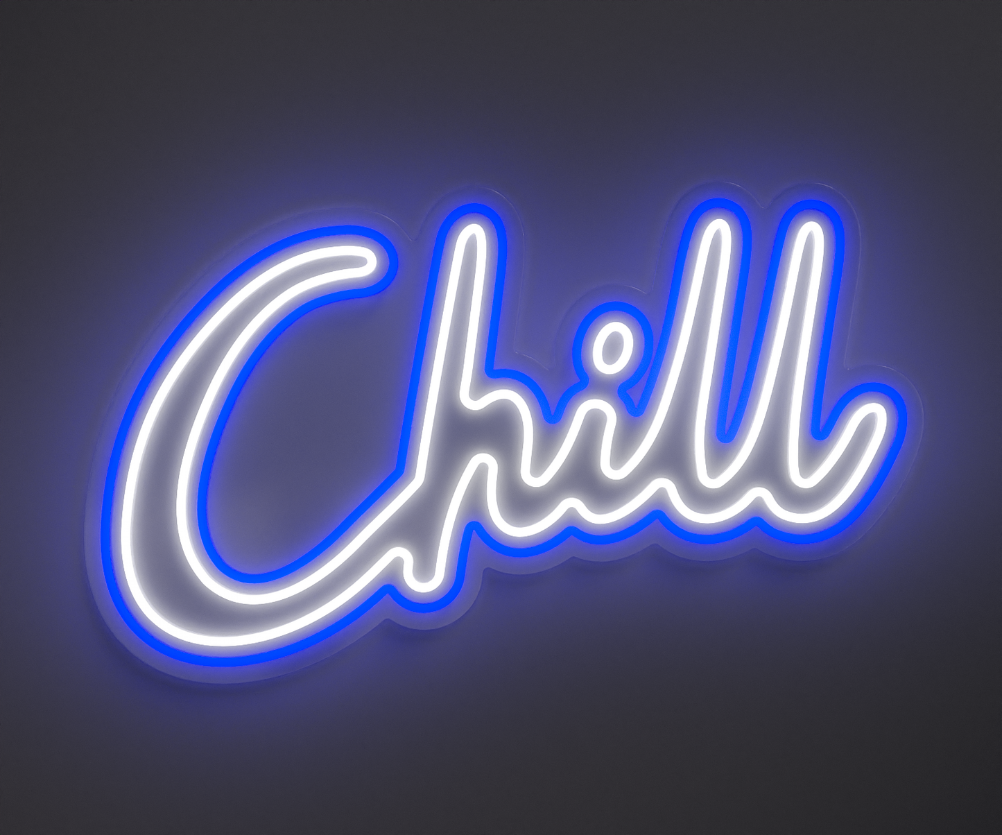blue and white neon sign that says chill
