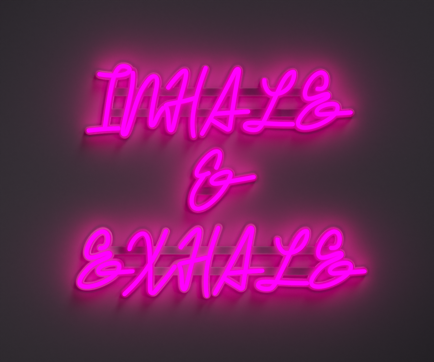 light pink neon sign that says inhale and exhale