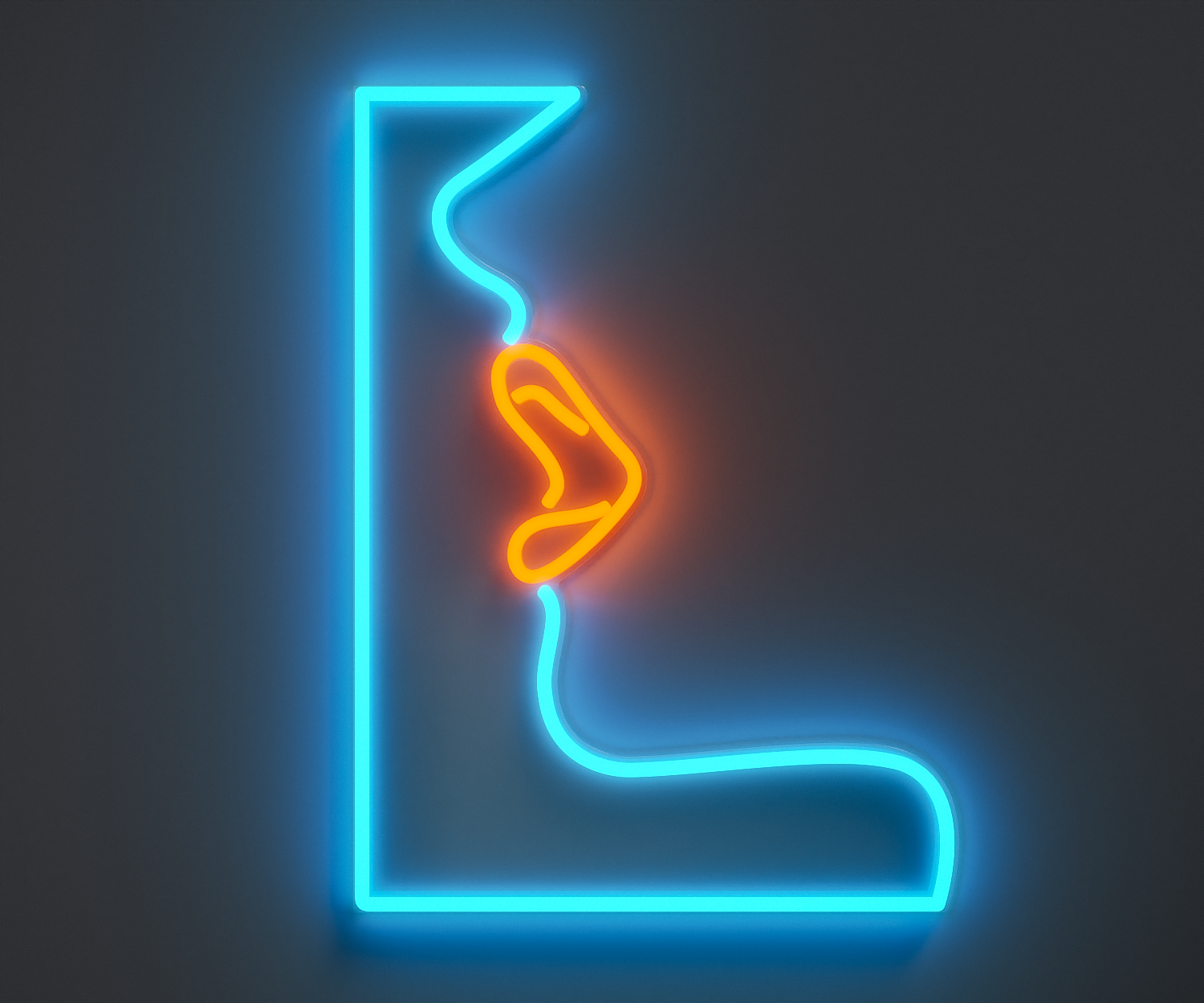 A neon sign of lips, cyan and orange