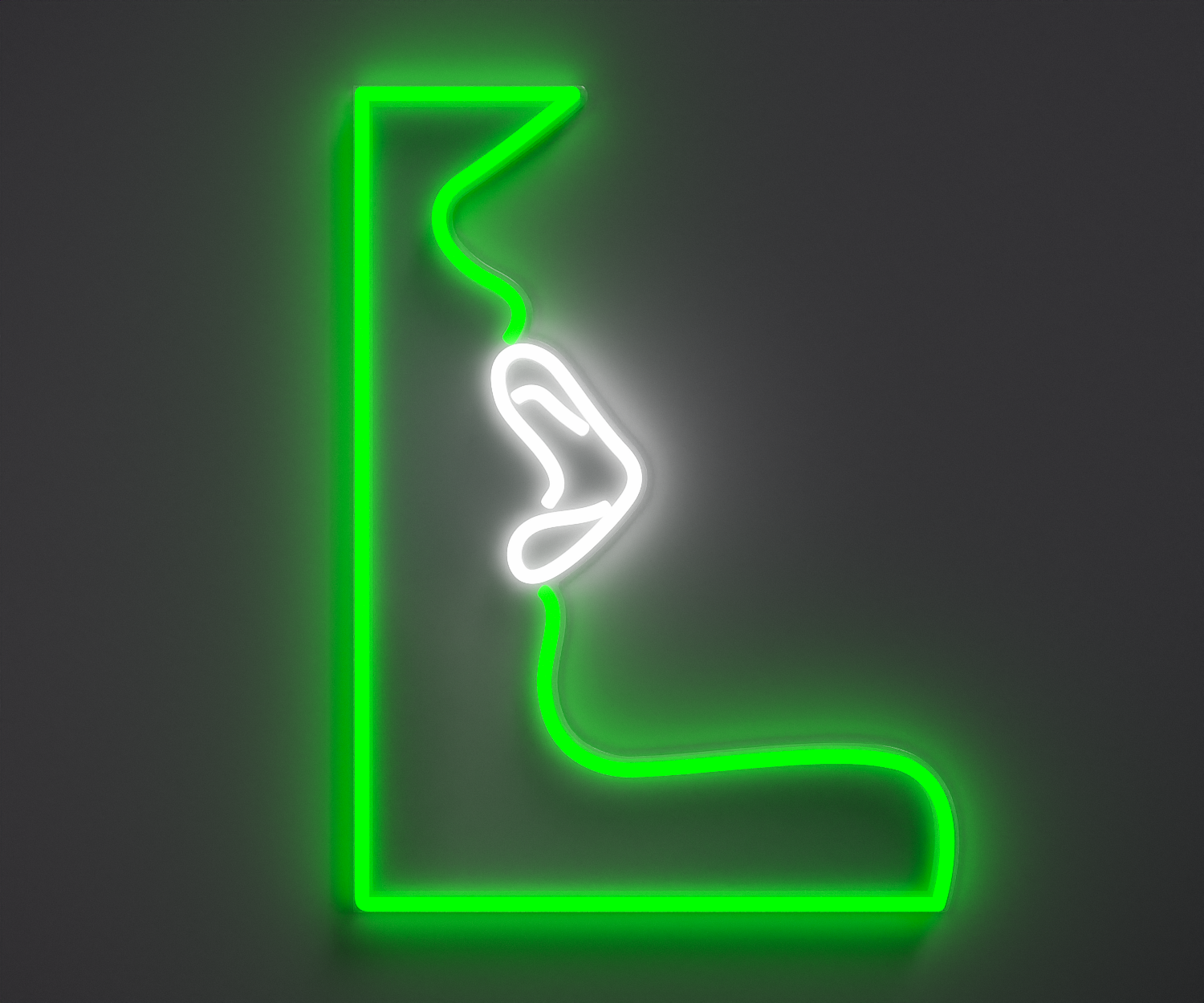 A neon sign of lips, green and white