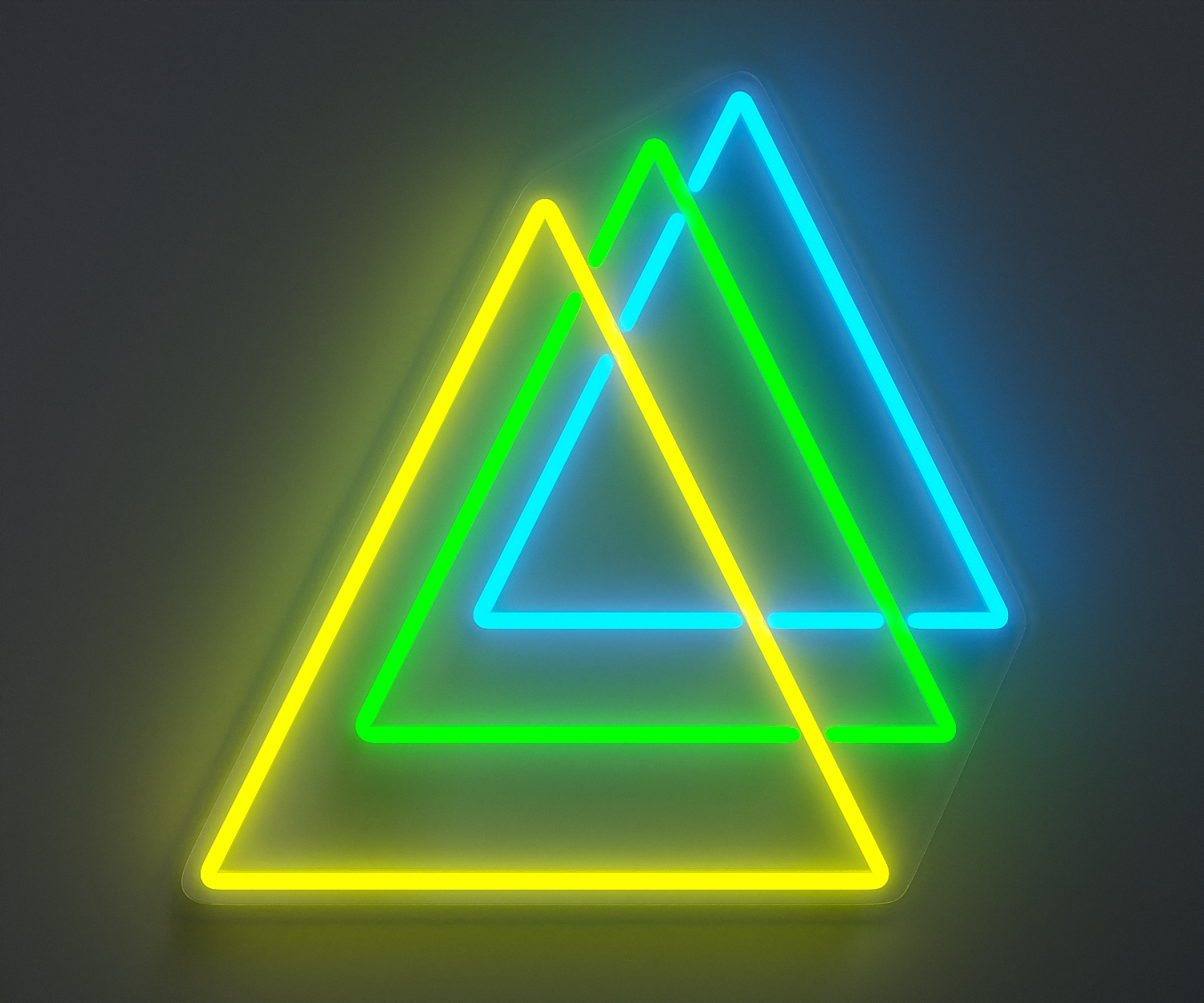 A yellow, green and cyan neon sign of three triangles