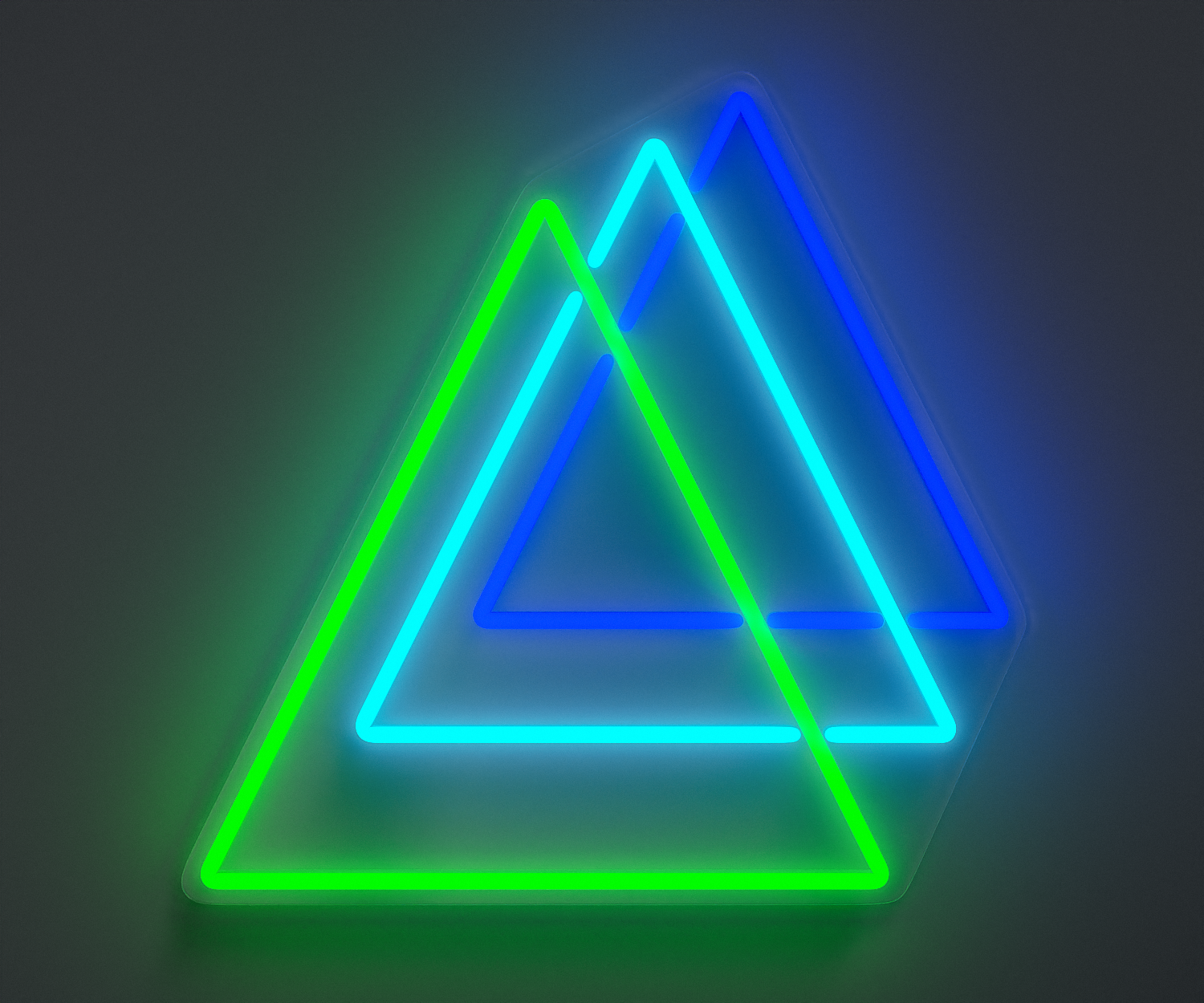 A green, cyan and blue neon sign of three triangles