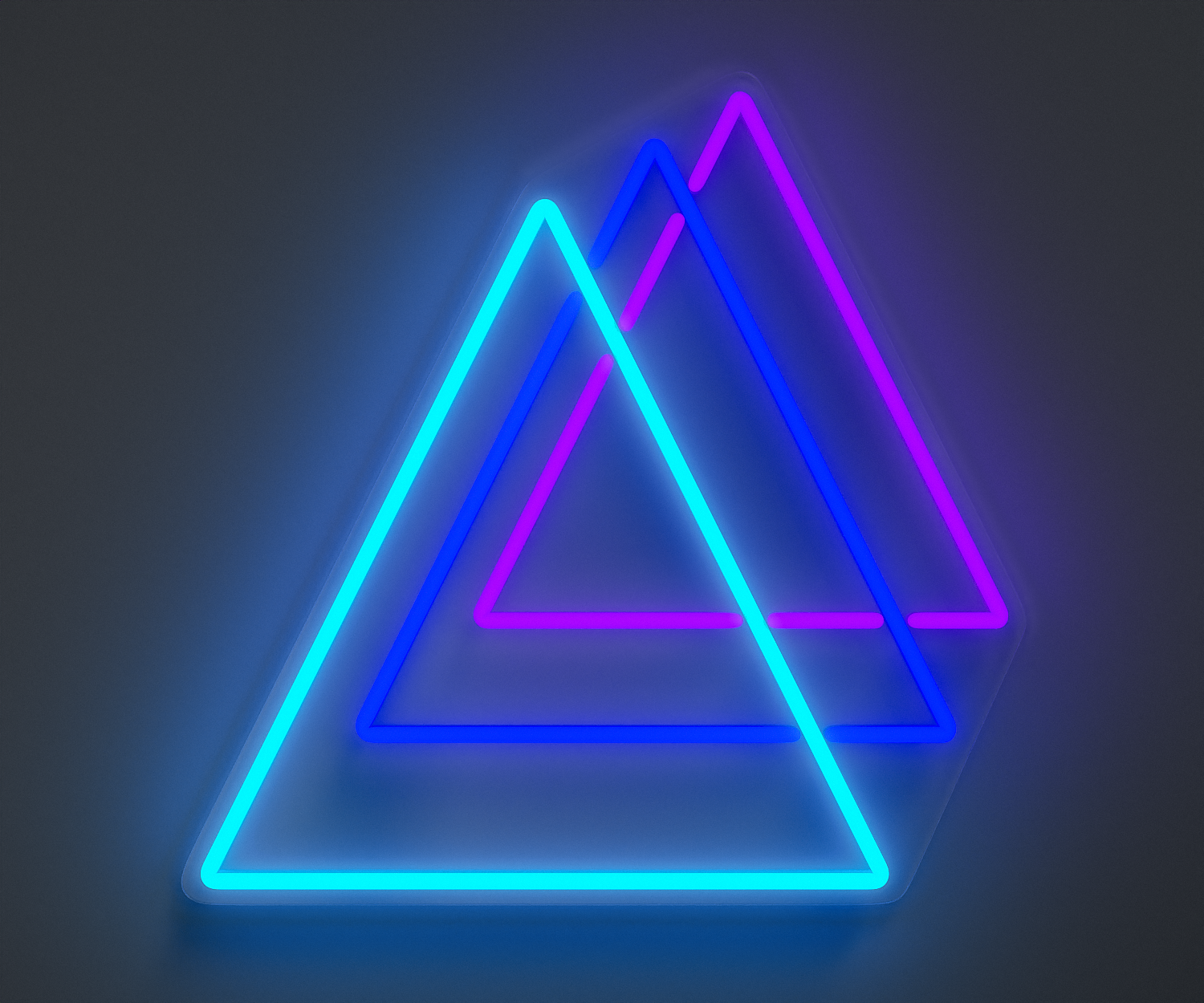 A cyan, blue and purple neon sign of three triangles