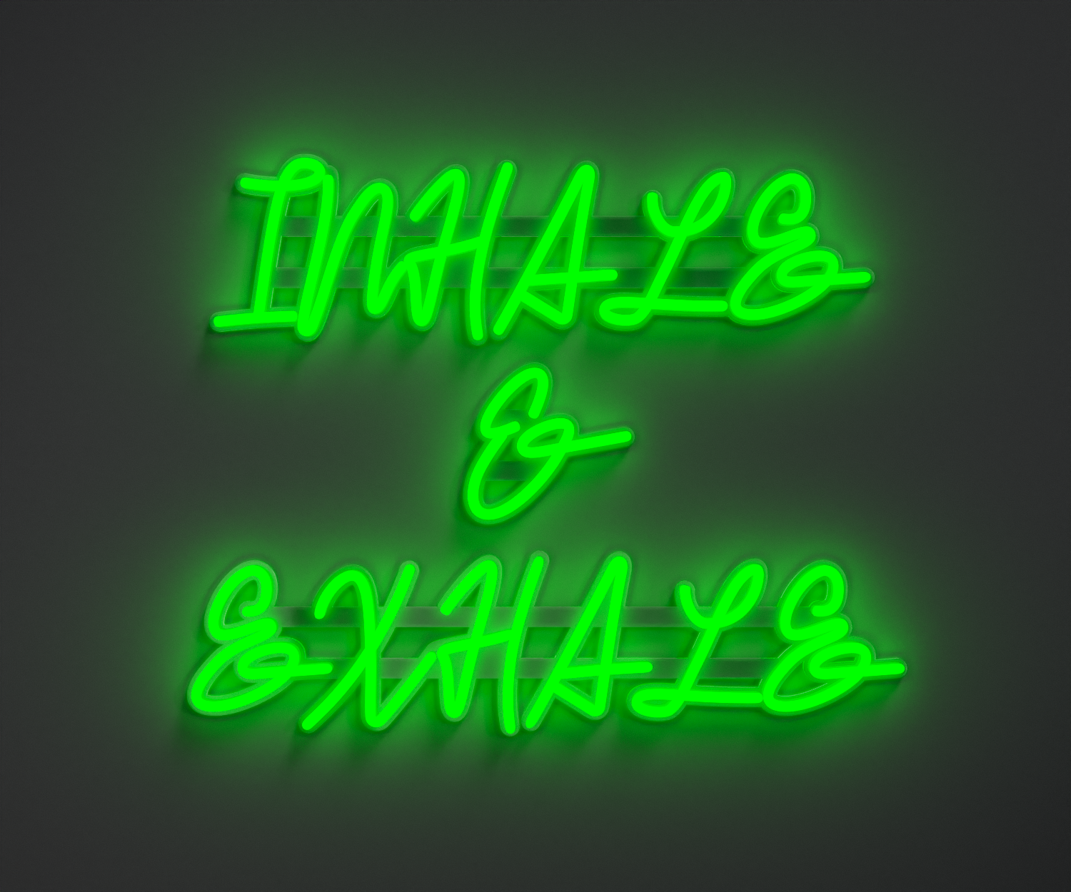 green neon sign that says inhale and exhale