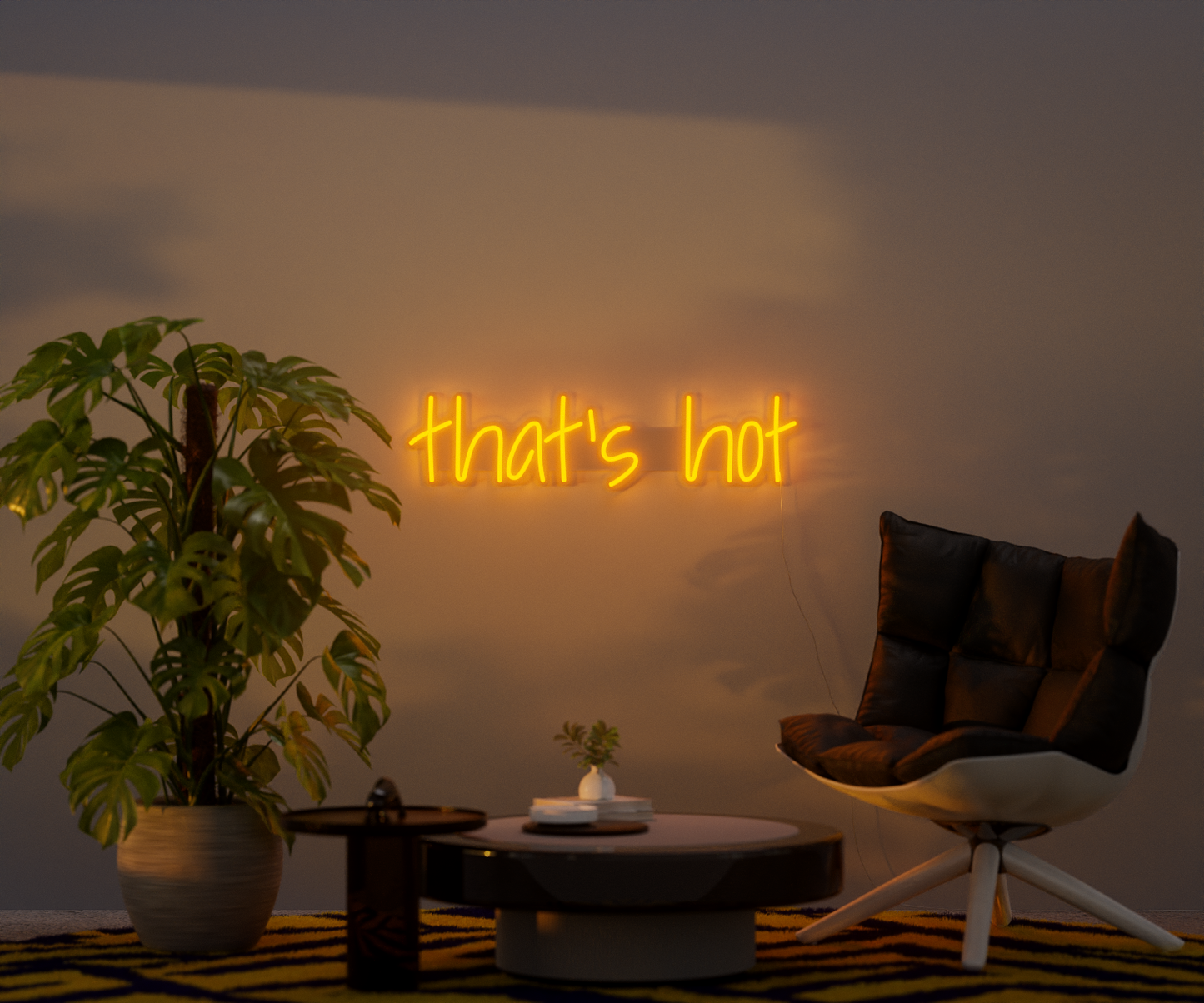A modern house interior with a yellow neon sign on the wall