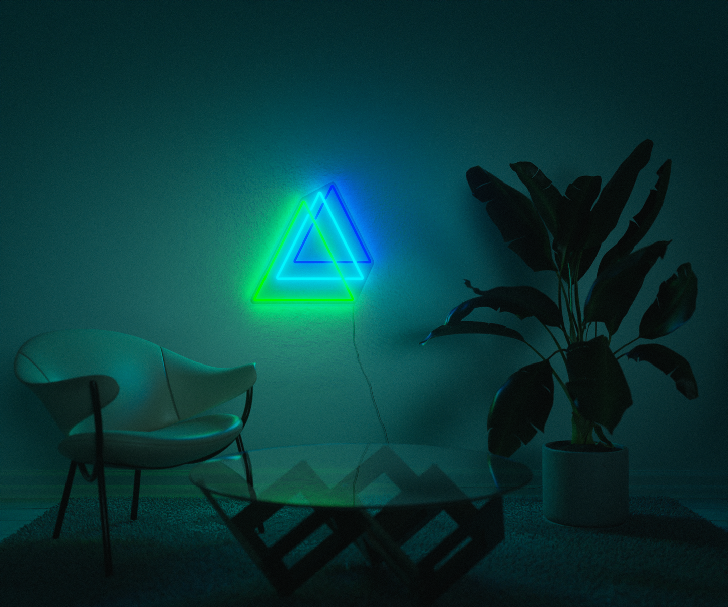 A neon sign of three triangles made of green, light blue and blue colors, hung up on the wall in a modern, well decorated living room
