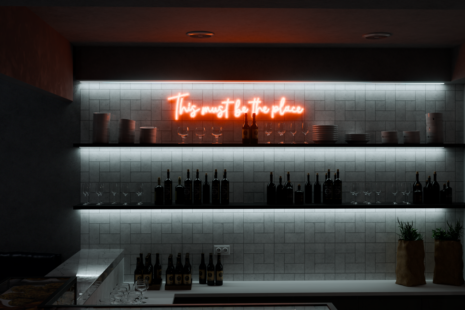 Orange neon sign that says "this must be the place"