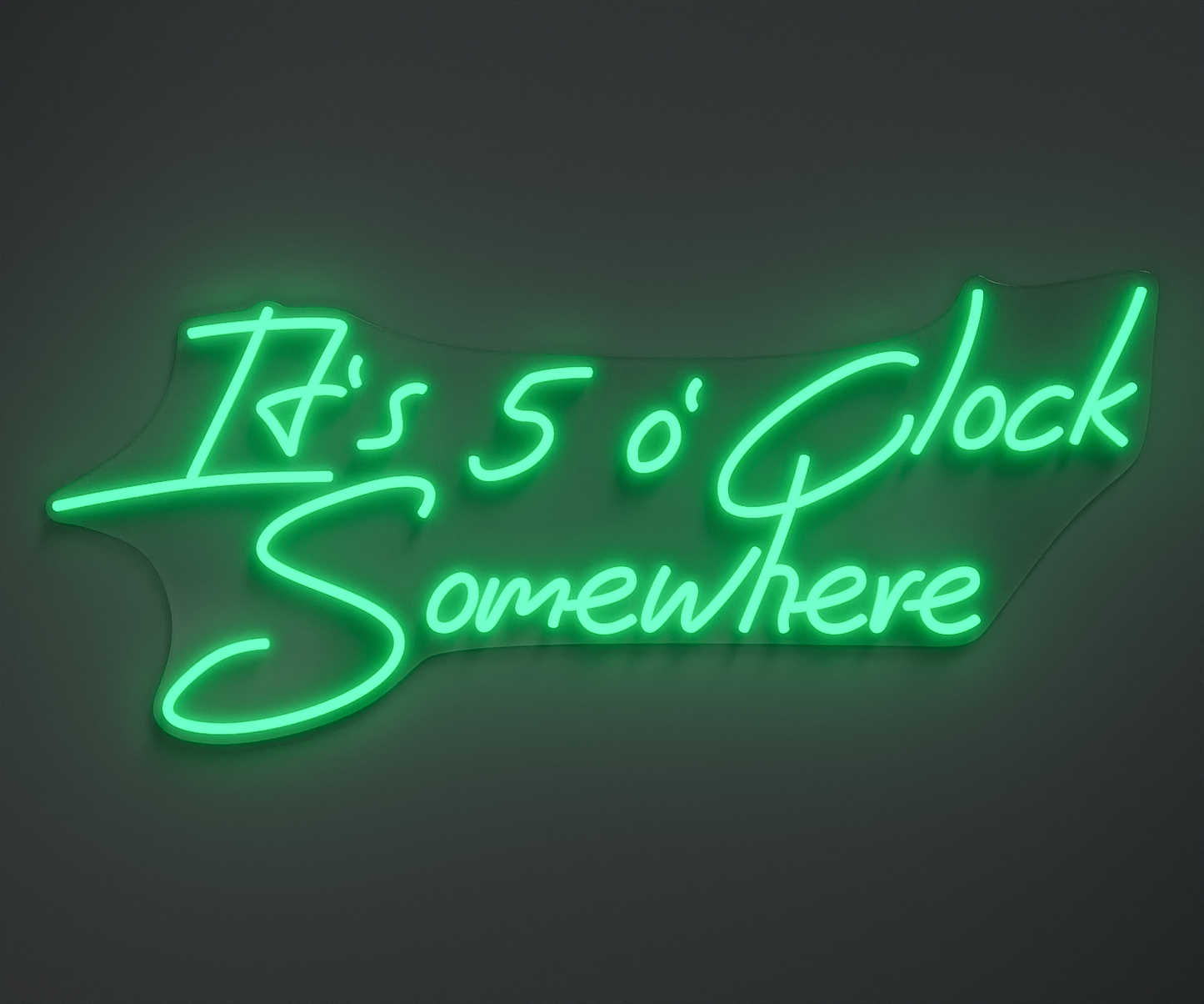 aquamarine neon sign that says it's 5 o' clock somewhere