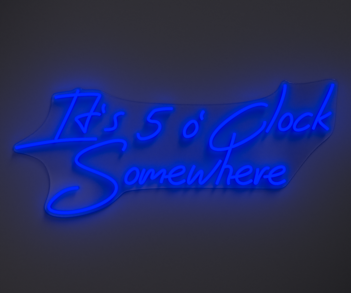 blue neon sign that says it's 5 o' clock somewhere