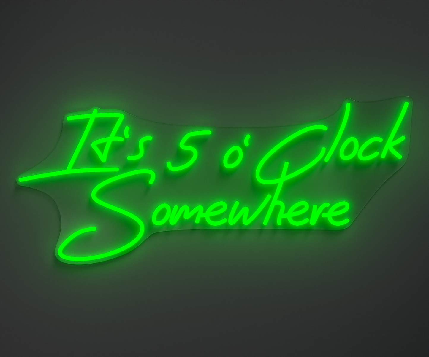 green neon sign that says it's 5 o' clock somewhere