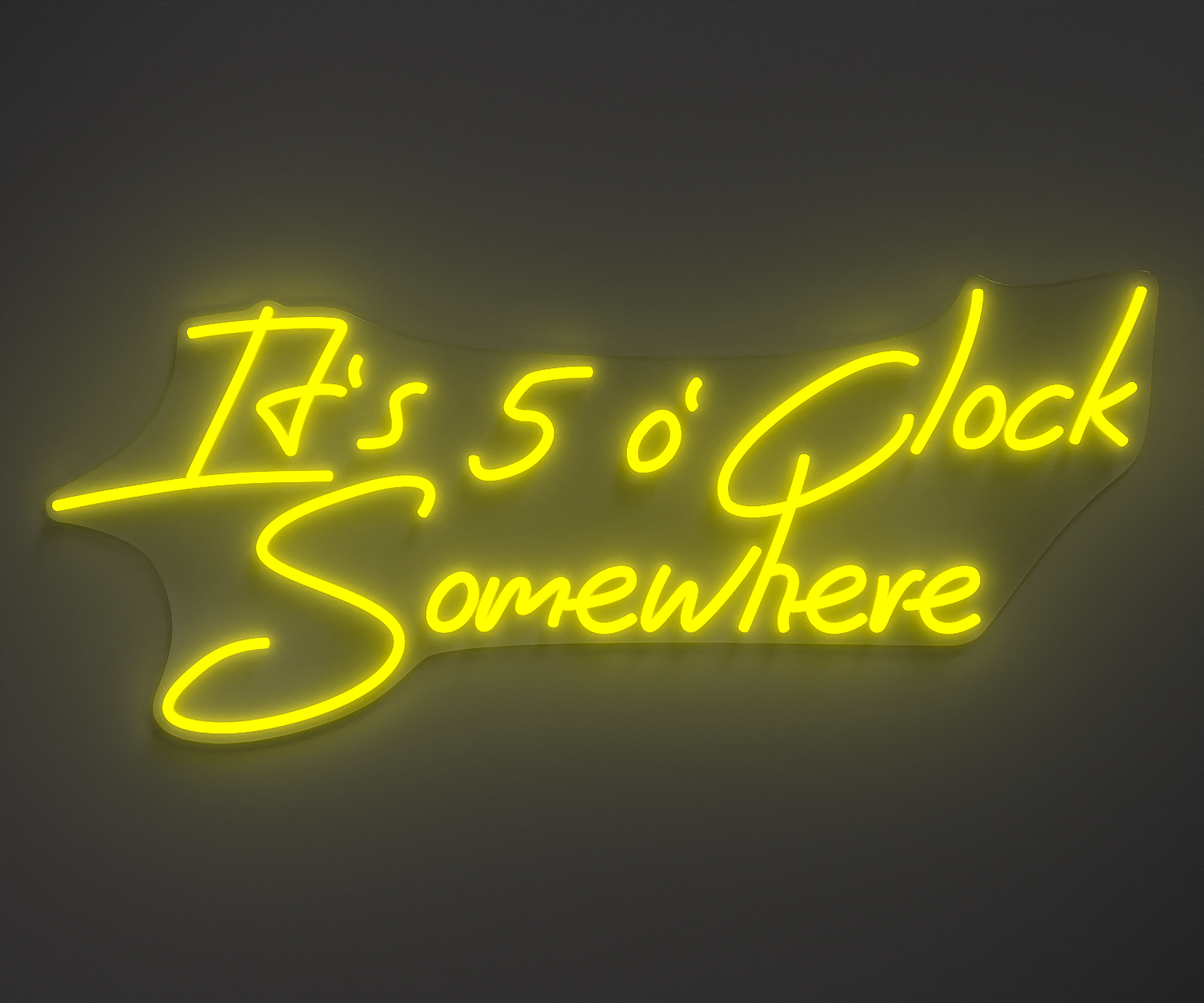 bright yellow neon sign that says it's 5 o' clock somewhere