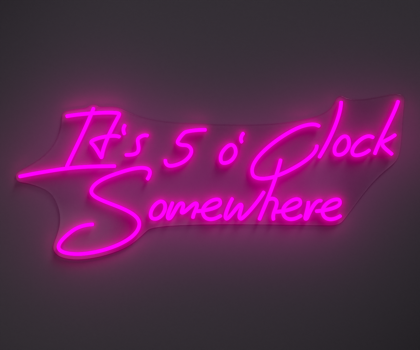 light pink neon sign that says it's 5 o' clock somewhere