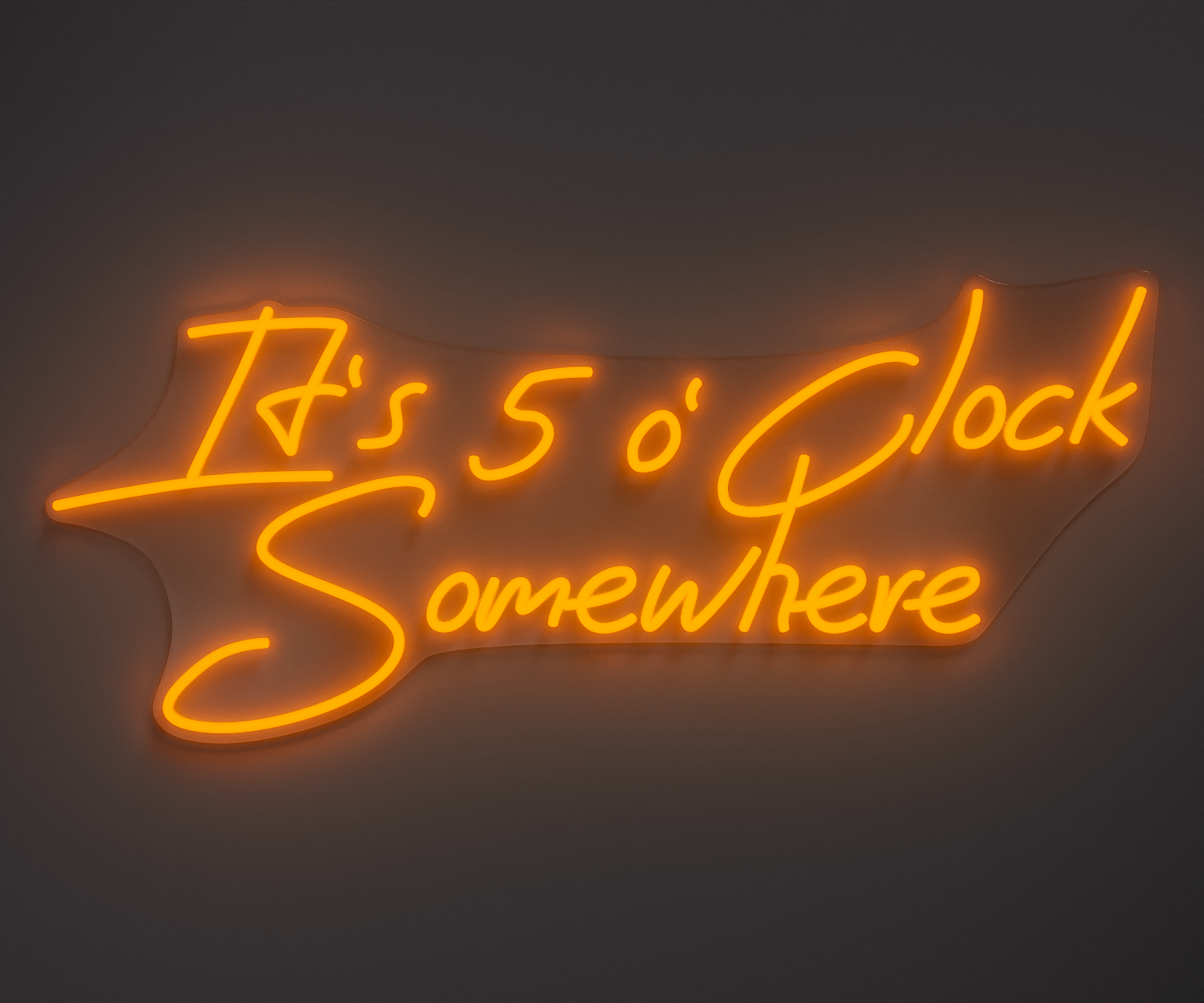 orange neon sign that says it's 5 o' clock somewhere