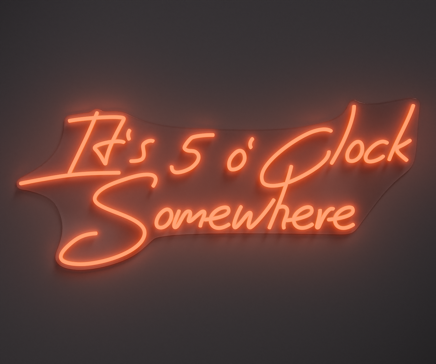 light orange neon sign that says it's 5 o' clock somewhere