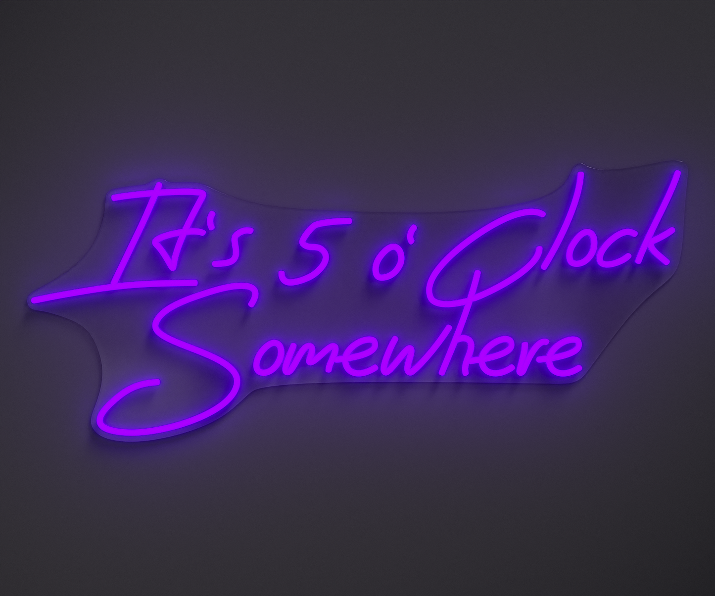 purple neon sign that says it's 5 o' clock somewhere