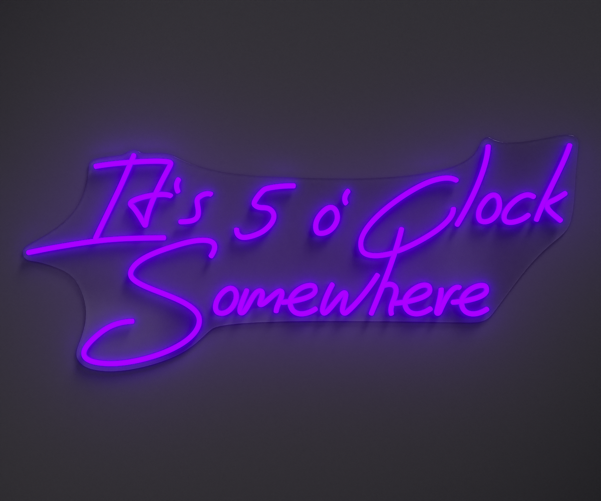 purple neon sign that says it's 5 o' clock somewhere