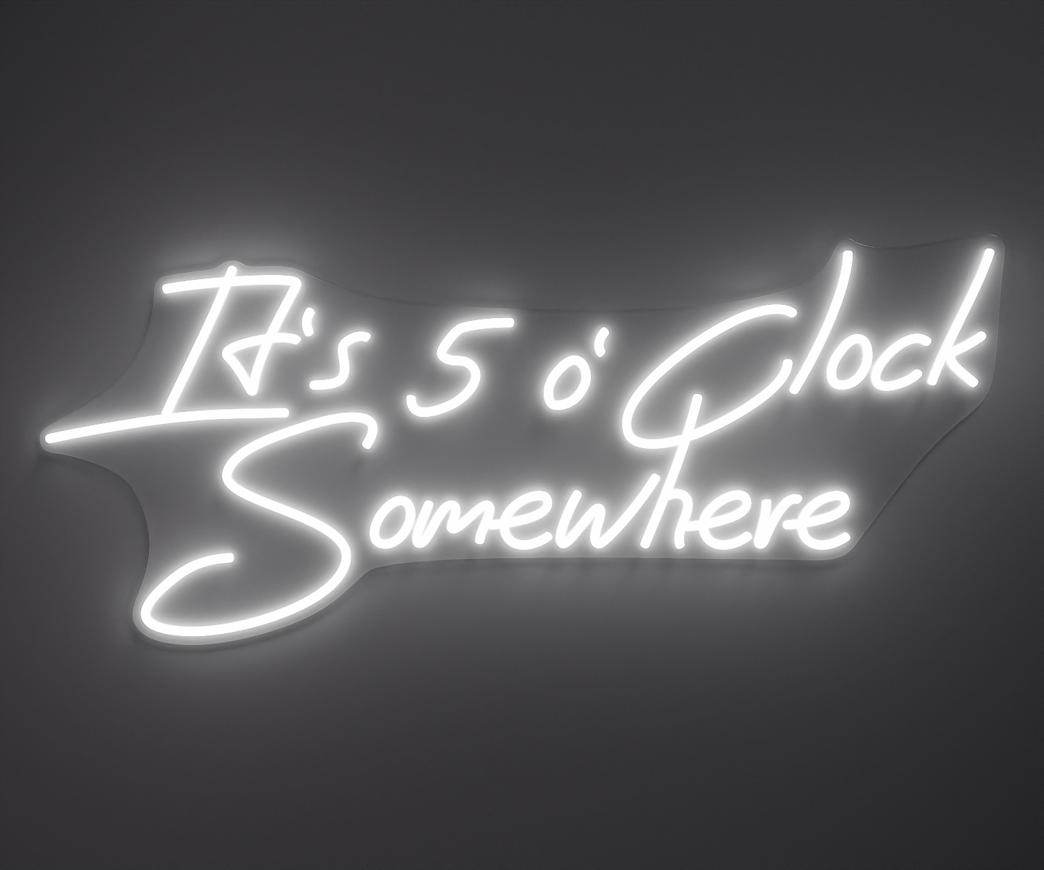 white neon sign that says it's 5 o' clock somewhere