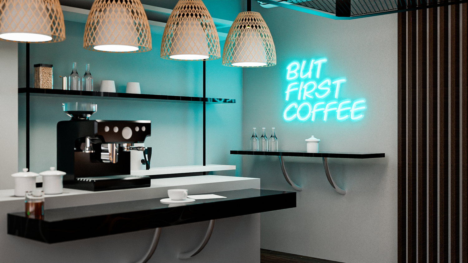 a blue neon sign in a cafe that says "but first coffee"