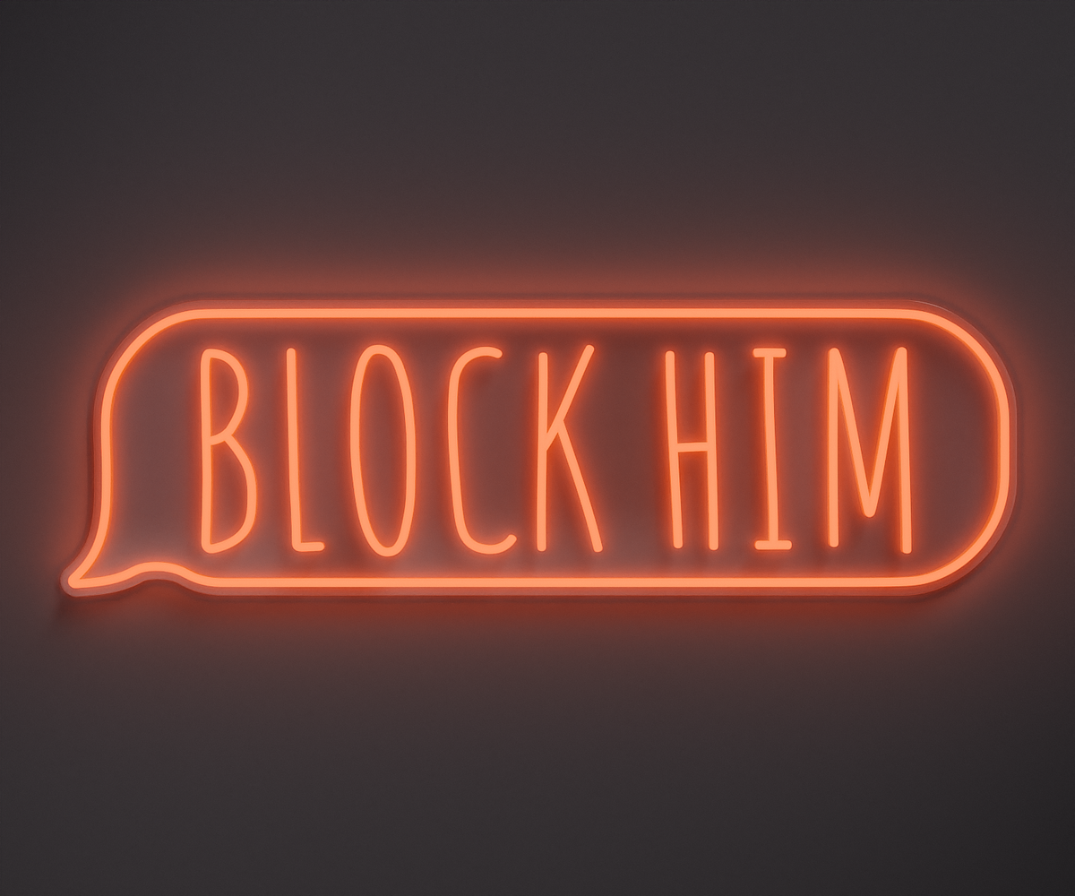 light orange neon sign that says block him